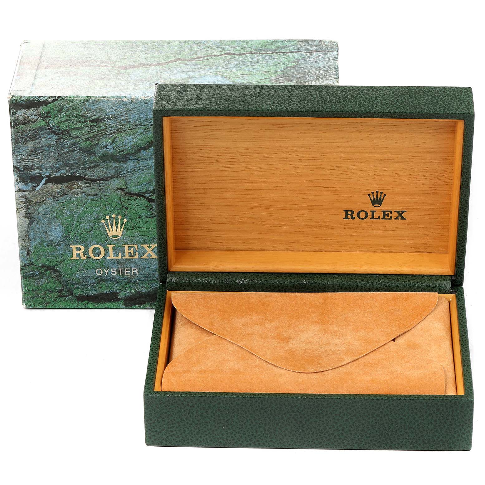 The image shows an open Rolex Datejust 16233 Men's Steel and Gold (two tone) White Dial 16233 Men's Steel and Gold (two tone) White Dial watch box and its outer green and stone-patterned case, highlighting the interior wood and suede pouch.