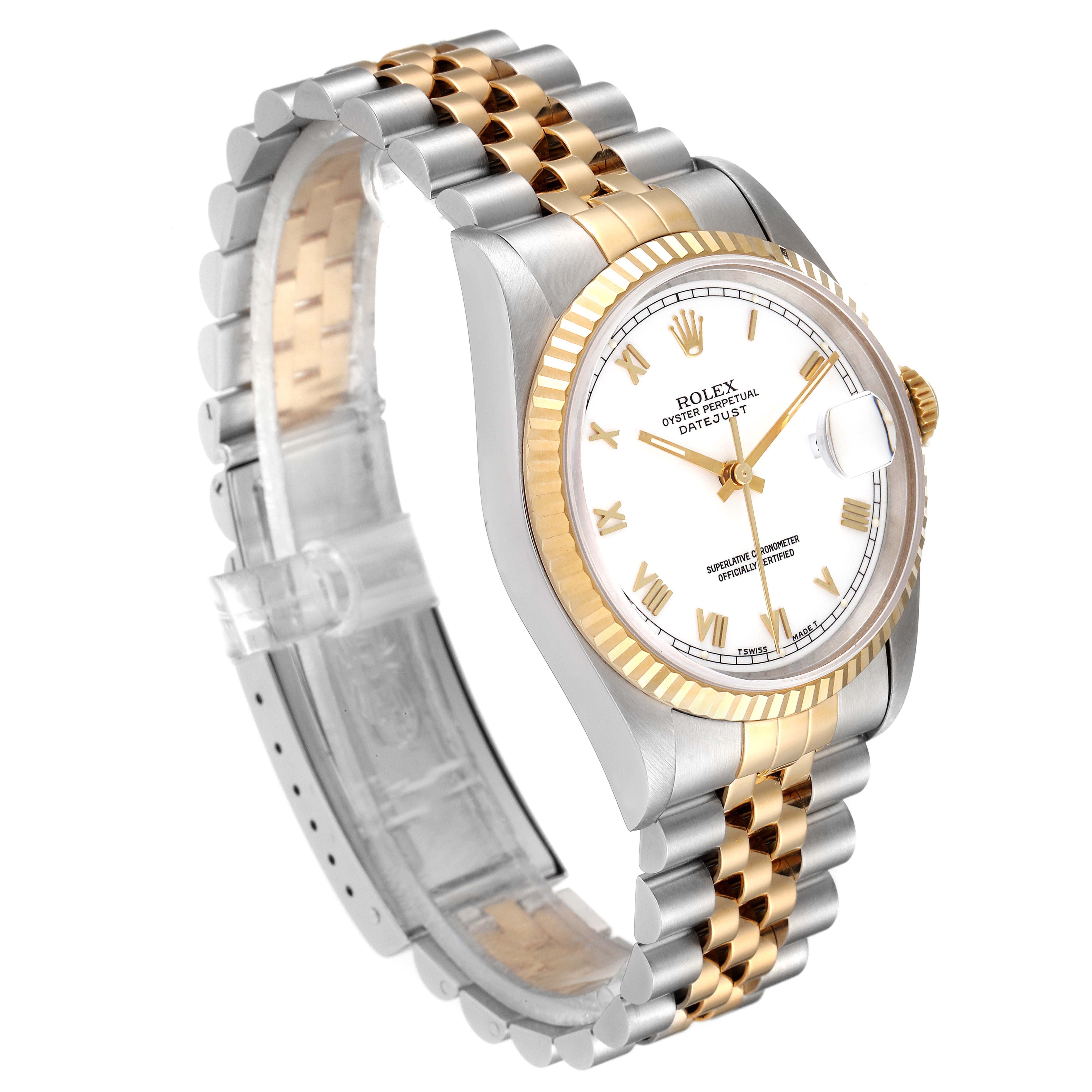 This image shows a side angle view of a Rolex Datejust 16233 Men's Steel and Gold (two tone) White Dial 16233 Men's Steel and Gold (two tone) White Dial watch, highlighting the face, bezel, and half of the bracelet.