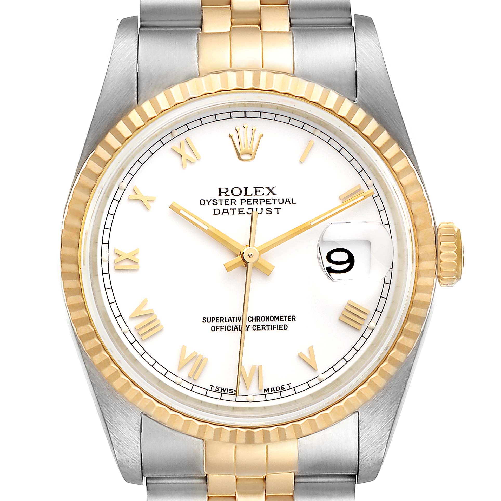 This is a front view of a Rolex Datejust 16233 Men's Steel and Gold (two tone) White Dial 16233 Men's Steel and Gold (two tone) White Dial watch featuring a gold fluted bezel, white dial, and two-tone bracelet.