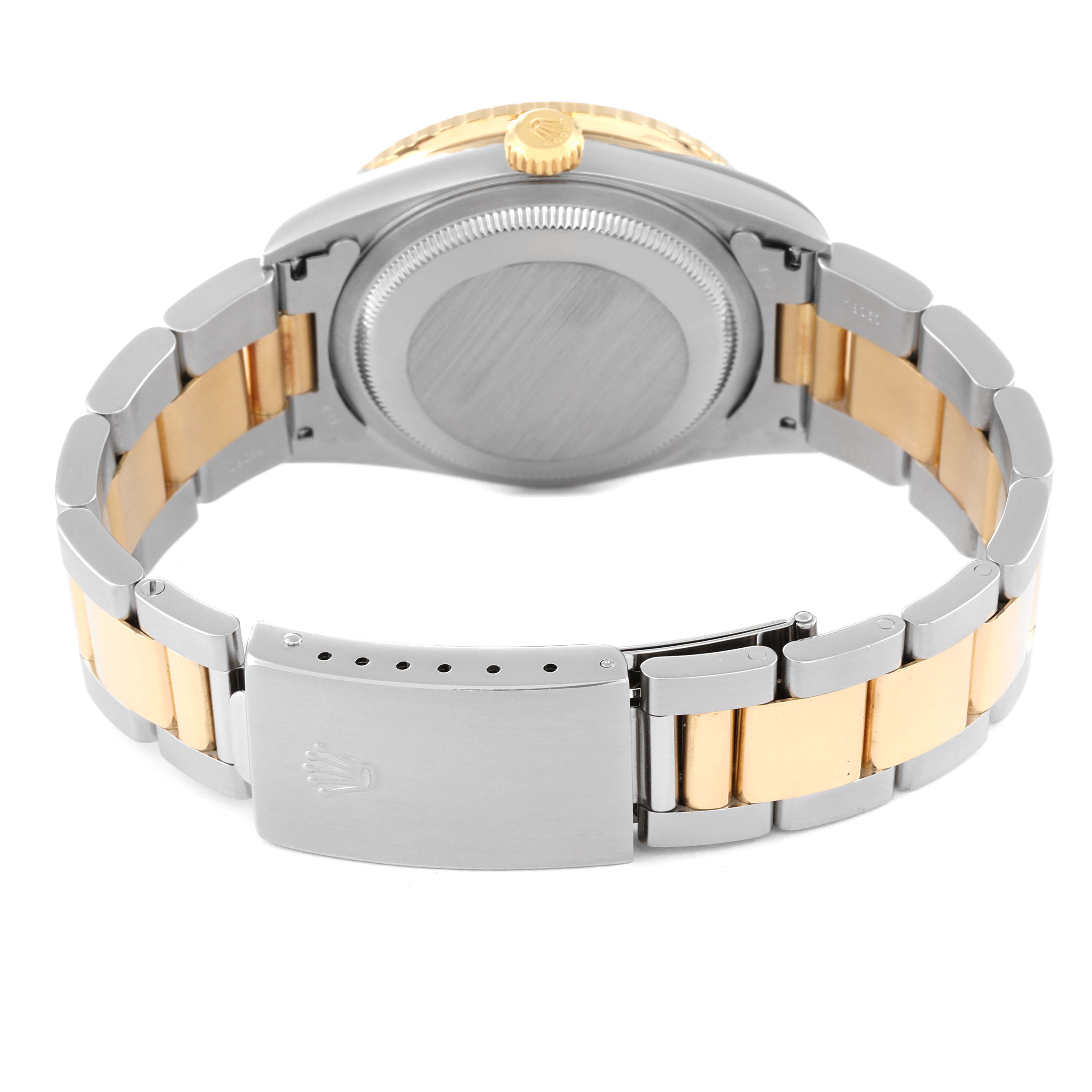 The image shows the back case, crown, and two-tone bracelet of a Rolex Turn-o-Graph 16263 Men's Steel and Gold (two tone) White Dial 16263 Men's Steel and Gold (two tone) White Dial watch.