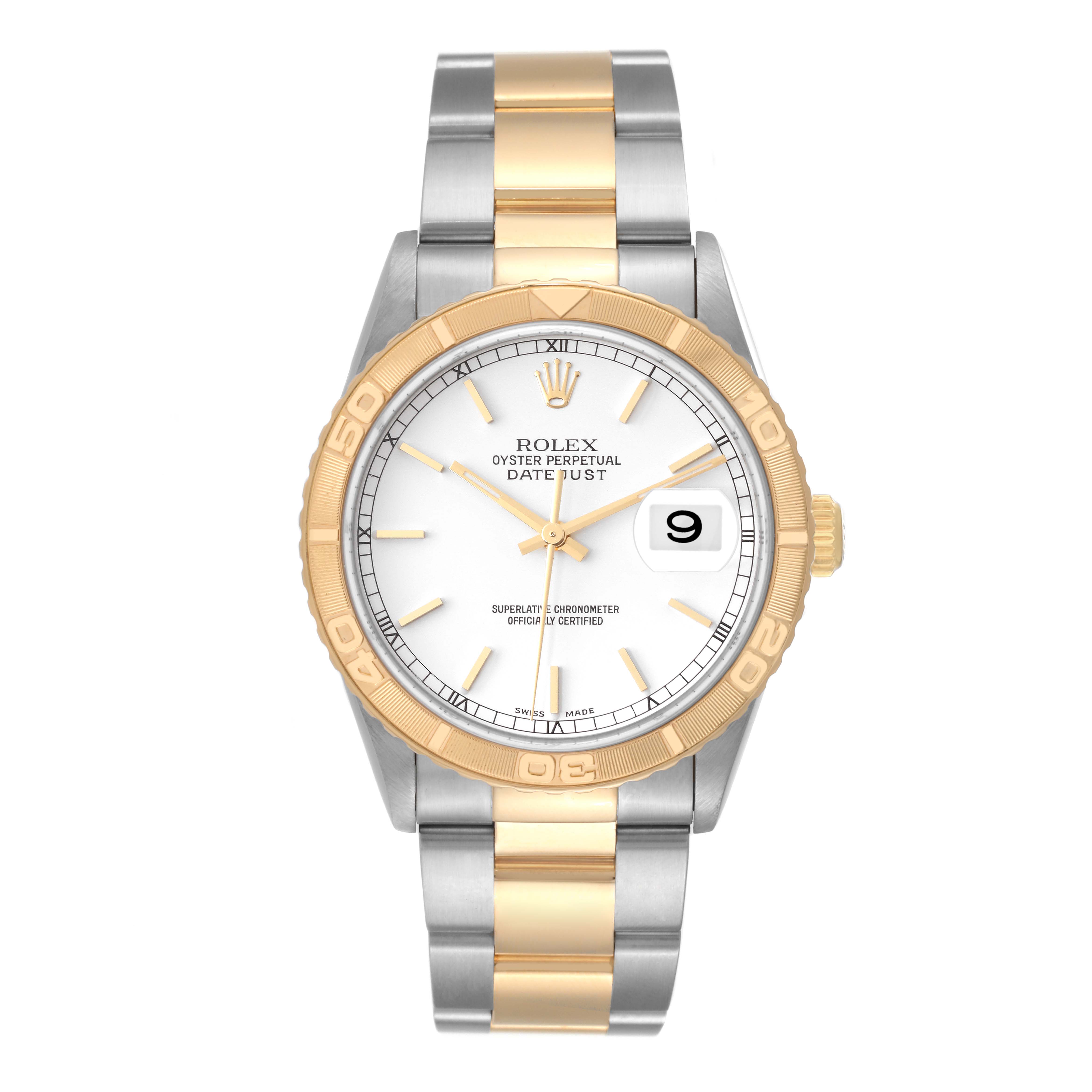 The image shows a straight-on view of a Rolex Turn-o-Graph 16263 Men's Steel and Gold (two tone) White Dial 16263 Men's Steel and Gold (two tone) White Dial watch, displaying its gold bezel, white dial, and two-tone bracelet.