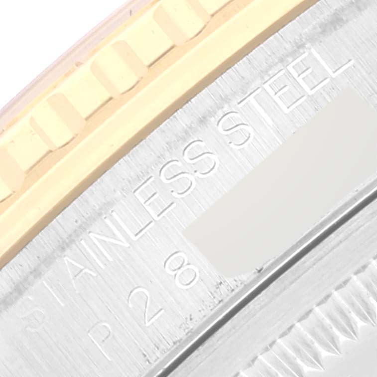 The image shows a close-up of the stainless steel casing and partial bezel of a Rolex Turn-o-Graph 16263 Men's Steel and Gold (two tone) White Dial 16263 Men's Steel and Gold (two tone) White Dial watch.
