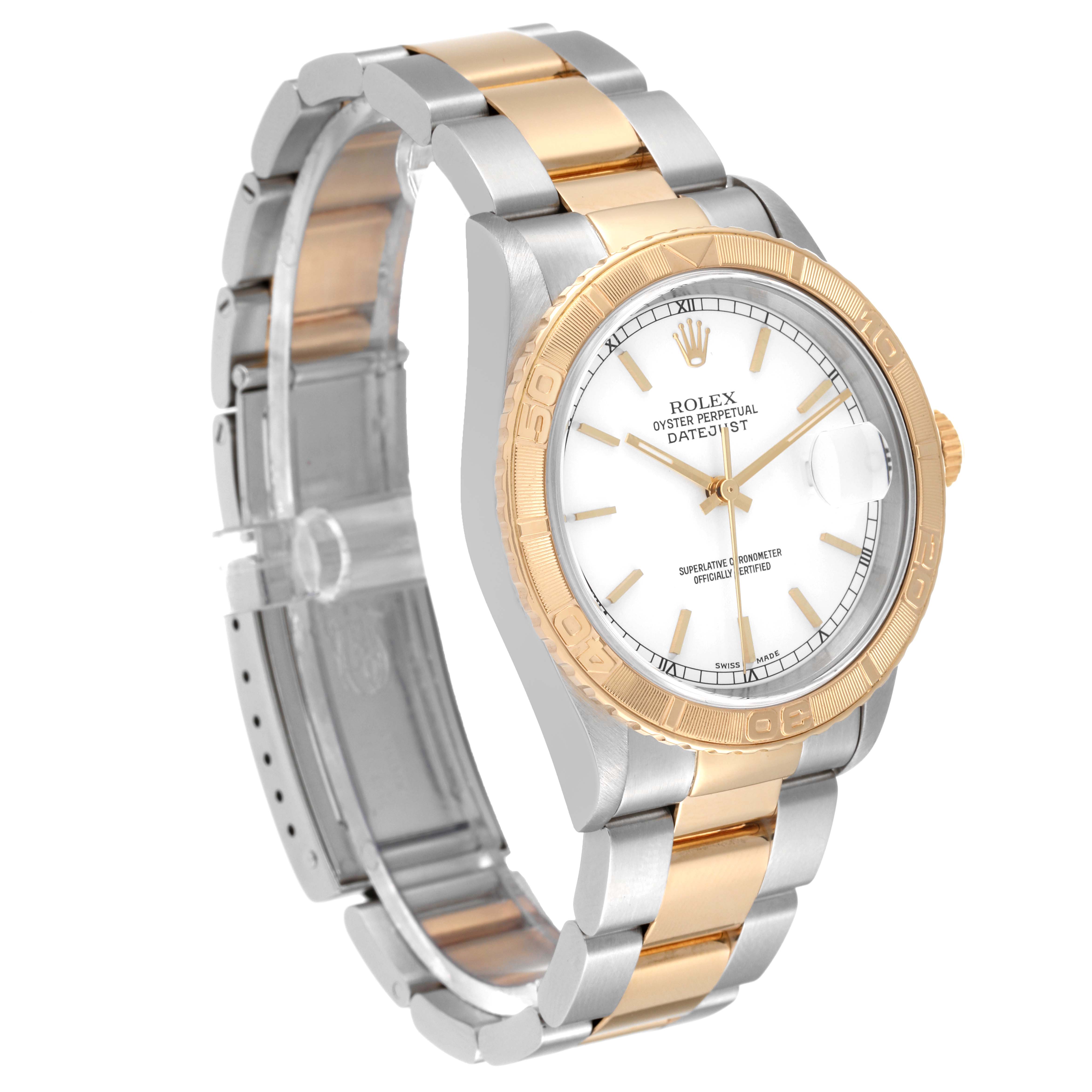 The image shows a side angle of a Rolex Turn-o-Graph 16263 Men's Steel and Gold (two tone) White Dial 16263 Men's Steel and Gold (two tone) White Dial watch, highlighting its two-tone band and dial.