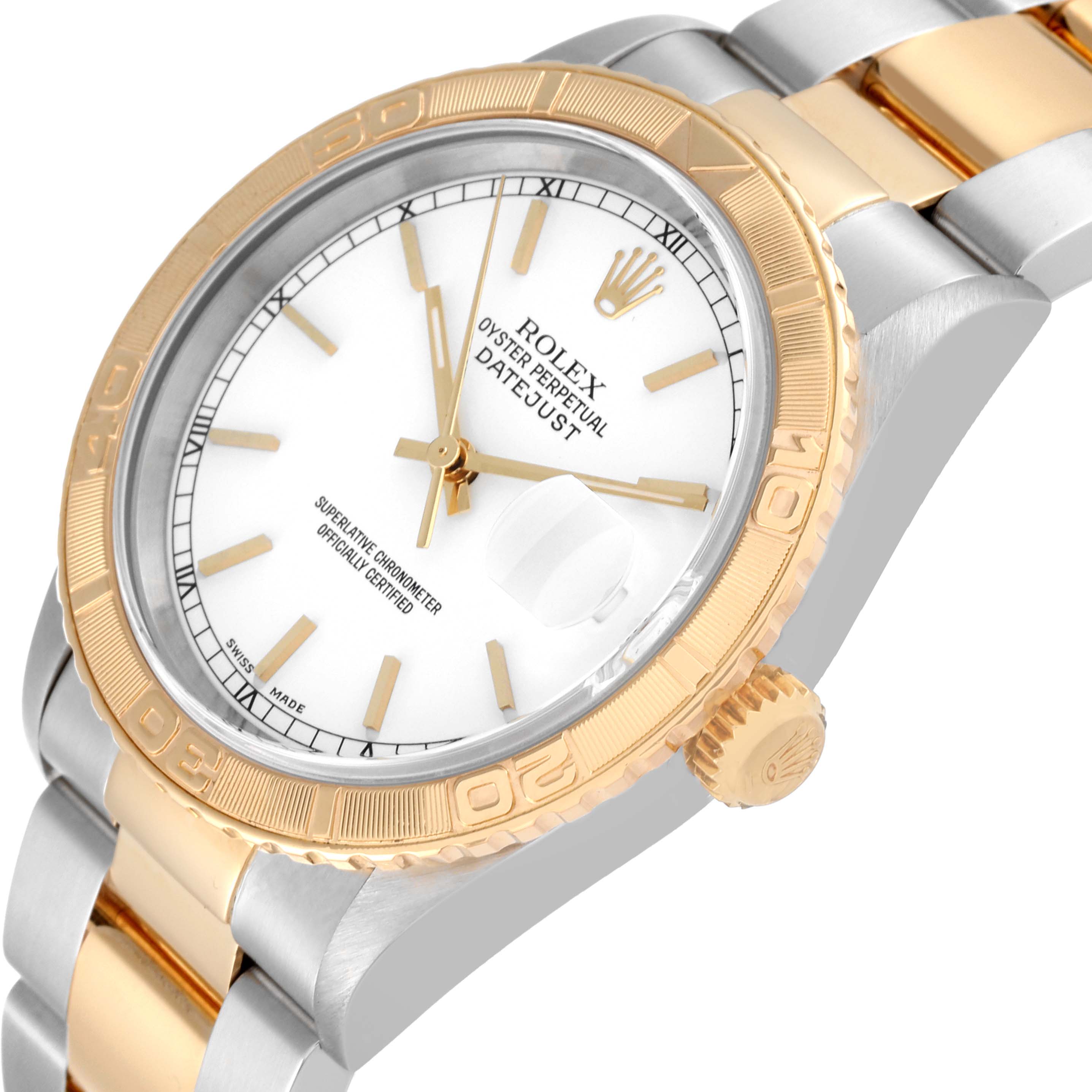 This image shows a close-up of a Rolex Turn-o-Graph 16263 Men's Steel and Gold (two tone) White Dial 16263 Men's Steel and Gold (two tone) White Dial watch face and part of the two-tone bracelet.