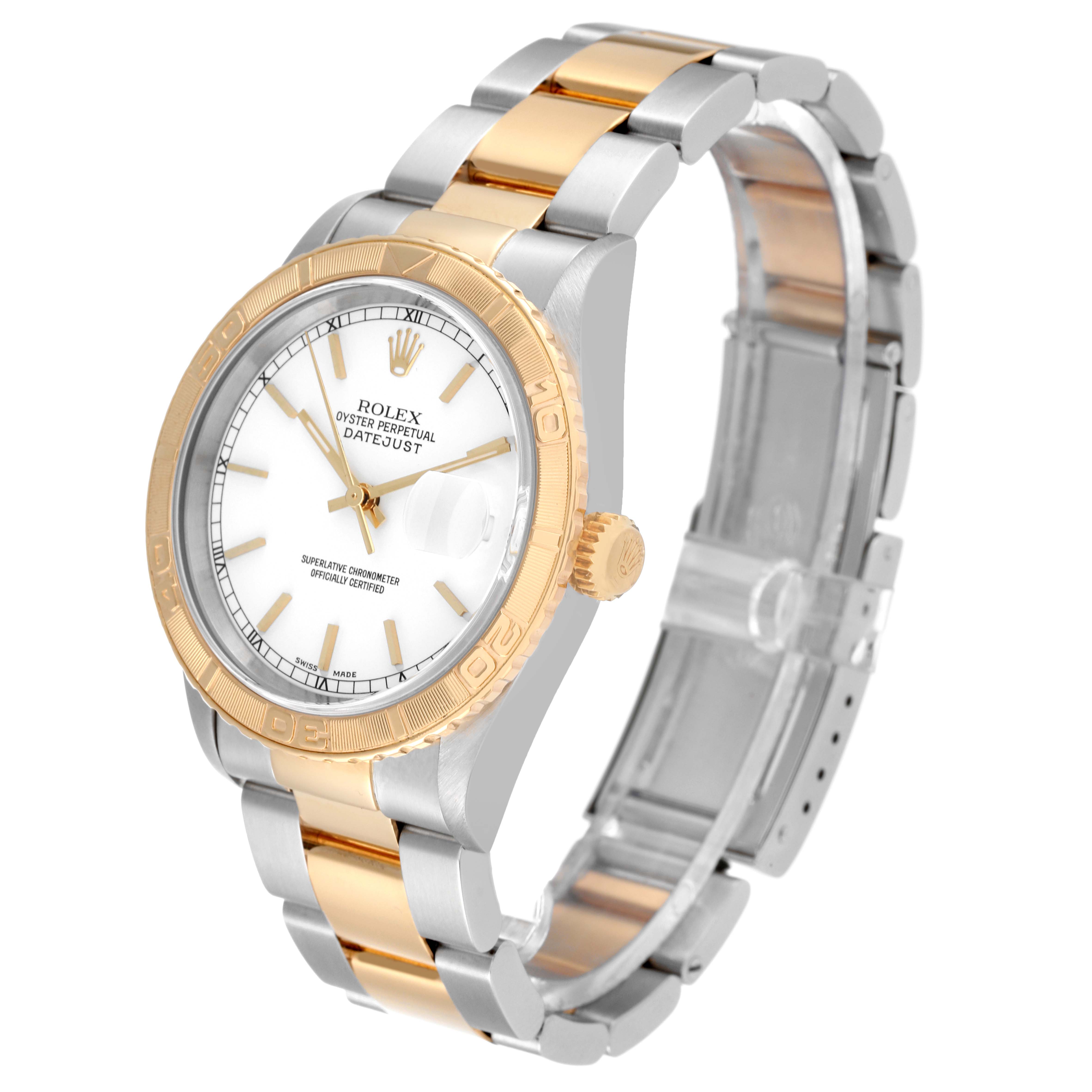 The Rolex Turn-o-Graph 16263 Men's Steel and Gold (two tone) White Dial 16263 Men's Steel and Gold (two tone) White Dial watch displays a gold bezel, silver and gold band, white dial, and date function, angled slightly to the side.