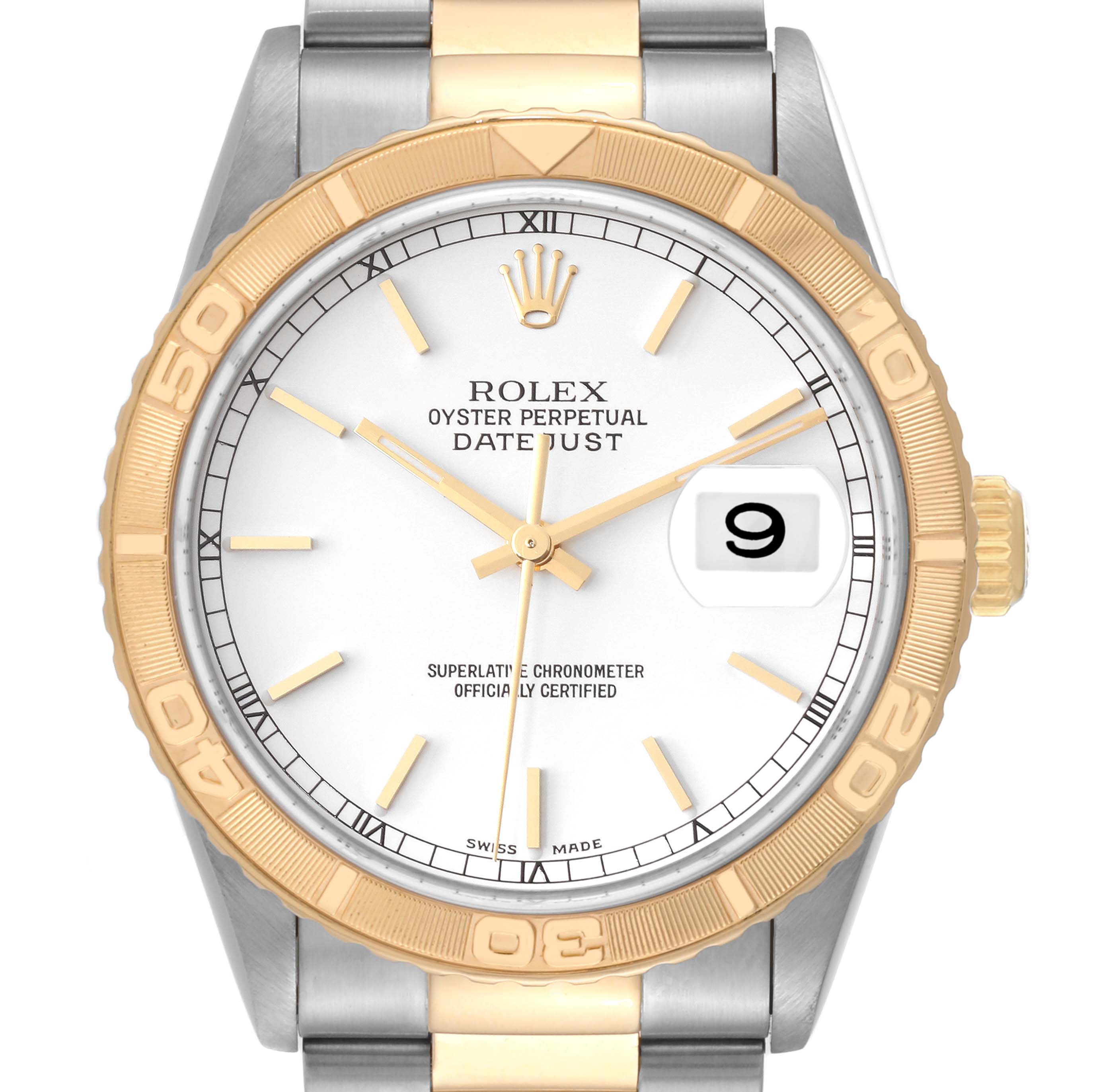 This Rolex Turn-o-Graph 16263 Men's Steel and Gold (two tone) White Dial 16263 Men's Steel and Gold (two tone) White Dial watch is shown from the front, displaying the dial, bezel, hands, crown, and part of the bracelet.