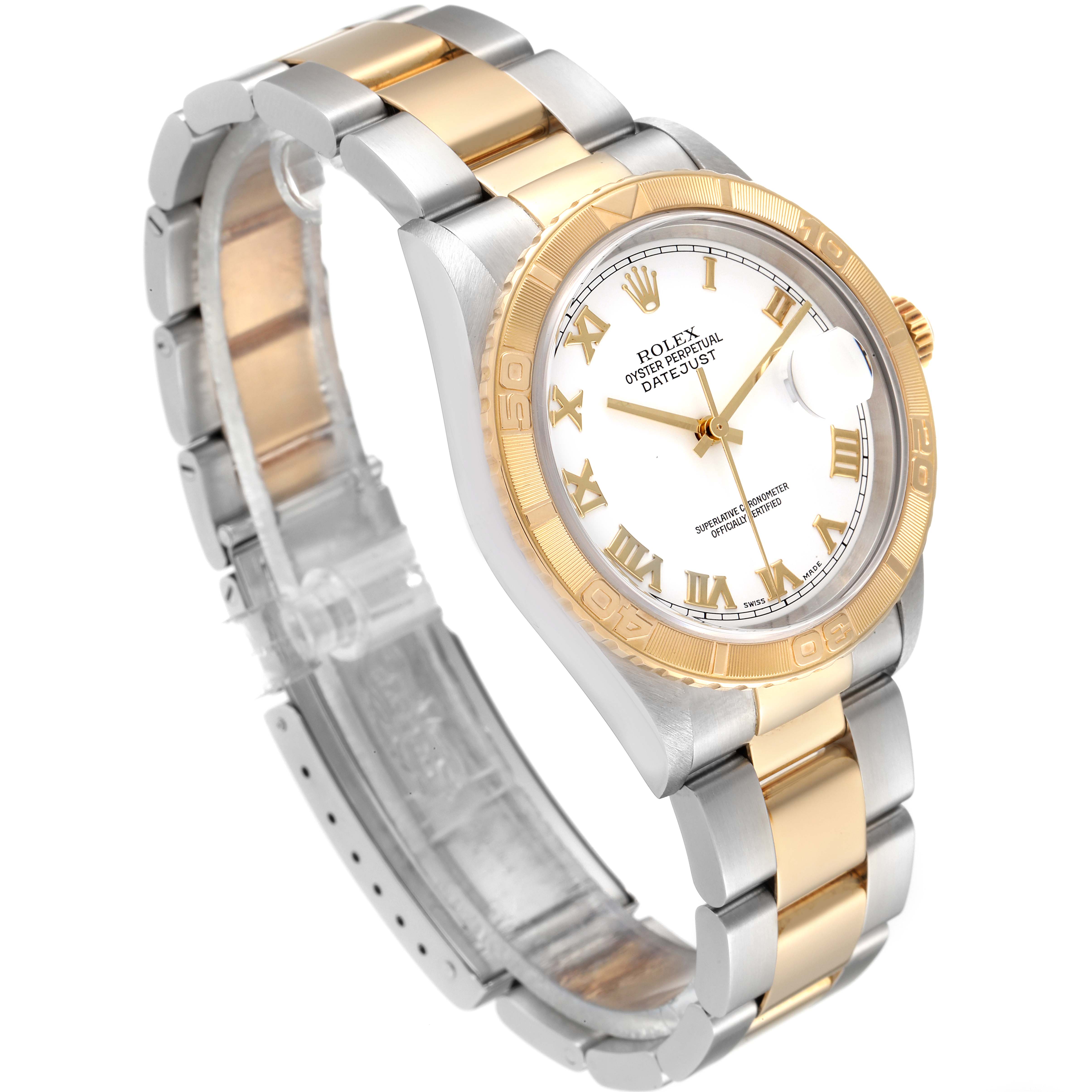 The image shows a Rolex Turn-o-Graph 16263 Men
s Steel and Gold (two tone) White Dial 16263 Men
s Steel and Gold (two tone) White Dial watch angled slightly from the front, highlighting its two-tone bracelet, dial, and bezel.