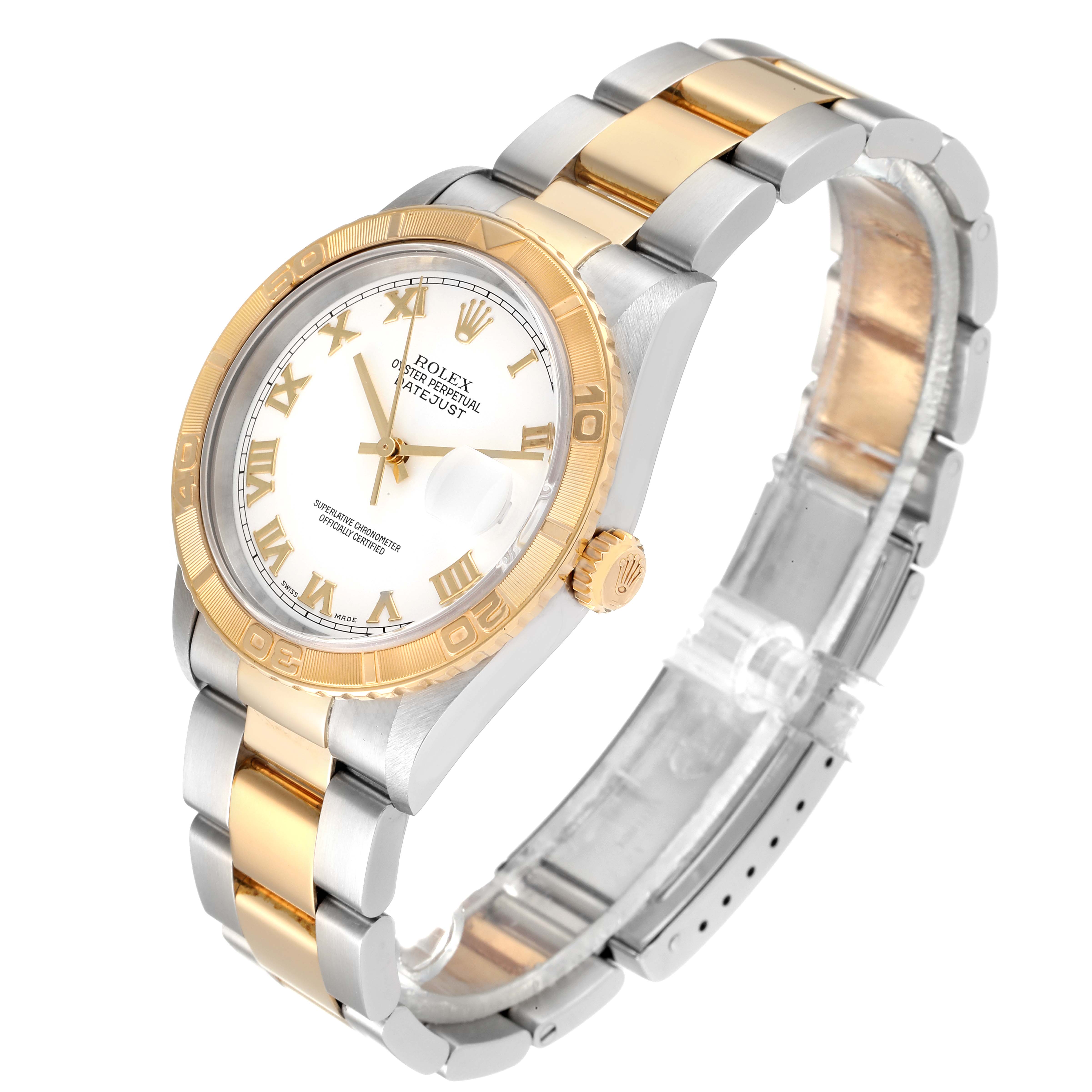 The Rolex Turn-o-Graph 16263 Men
s Steel and Gold (two tone) White Dial 16263 Men
s Steel and Gold (two tone) White Dial watch is shown at a three-quarter angle displaying its gold and silver bracelet, bezel, and face.