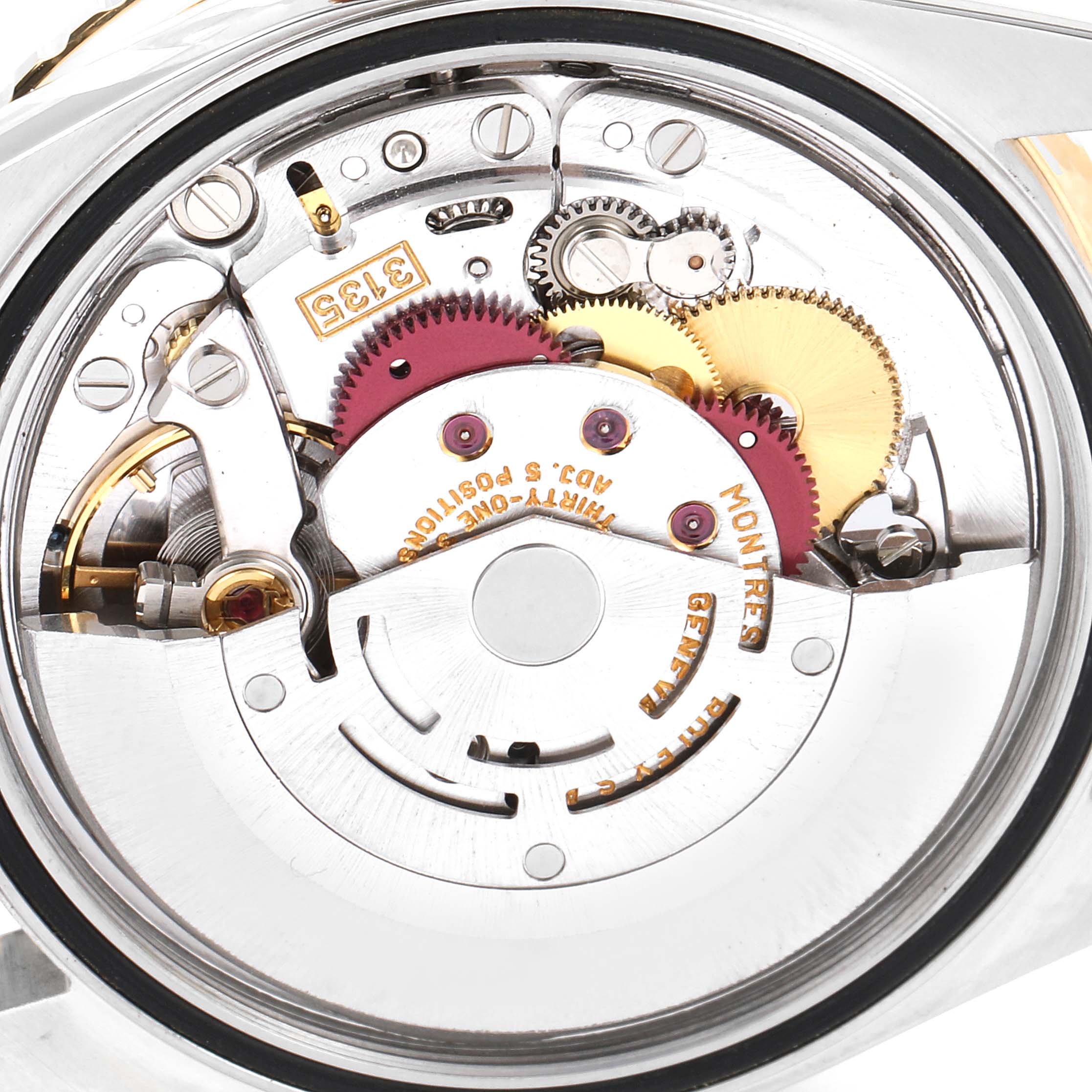 This image shows the detailed internal mechanism of a Rolex Turn-o-Graph 16263 Men
s Steel and Gold (two tone) White Dial 16263 Men
s Steel and Gold (two tone) White Dial watch from a close-up angle.