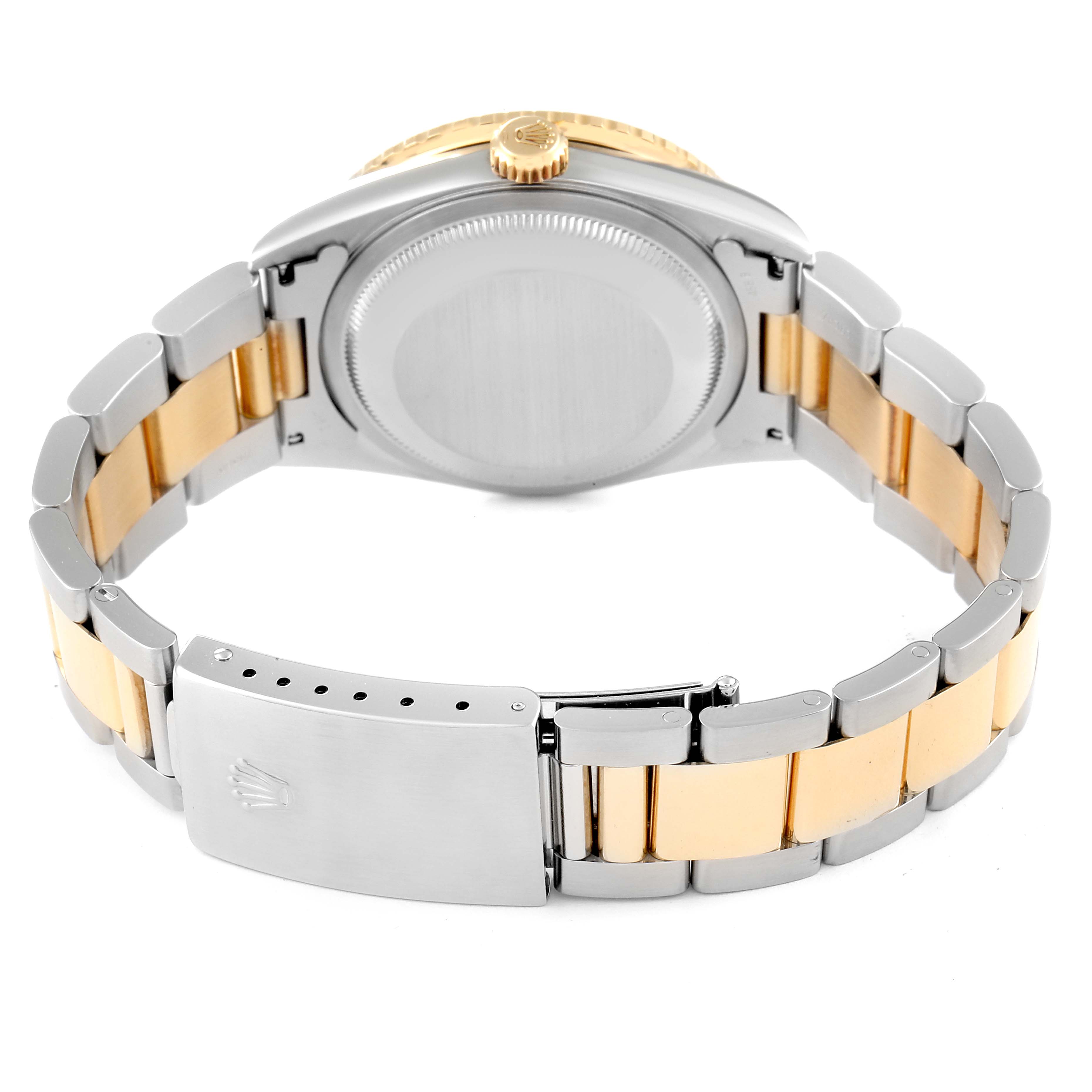 The image shows the back of a Rolex Turn-o-Graph 16263 Men
s Steel and Gold (two tone) White Dial 16263 Men
s Steel and Gold (two tone) White Dial watch, including its bracelet and clasp.