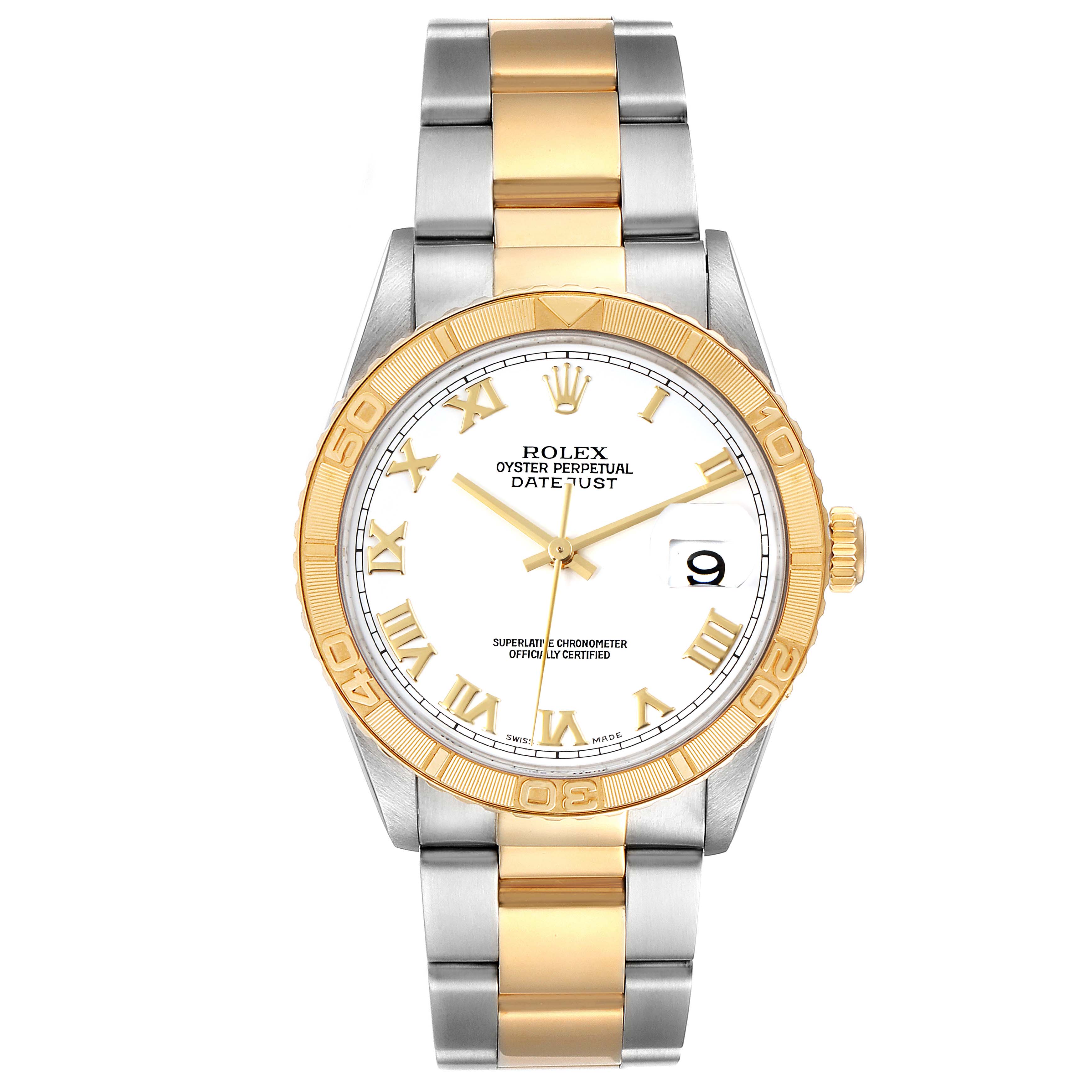 This image shows a front view of a Rolex Turn-o-Graph 16263 Men
s Steel and Gold (two tone) White Dial 16263 Men
s Steel and Gold (two tone) White Dial watch, highlighting the dial, bezel, and two-tone bracelet.