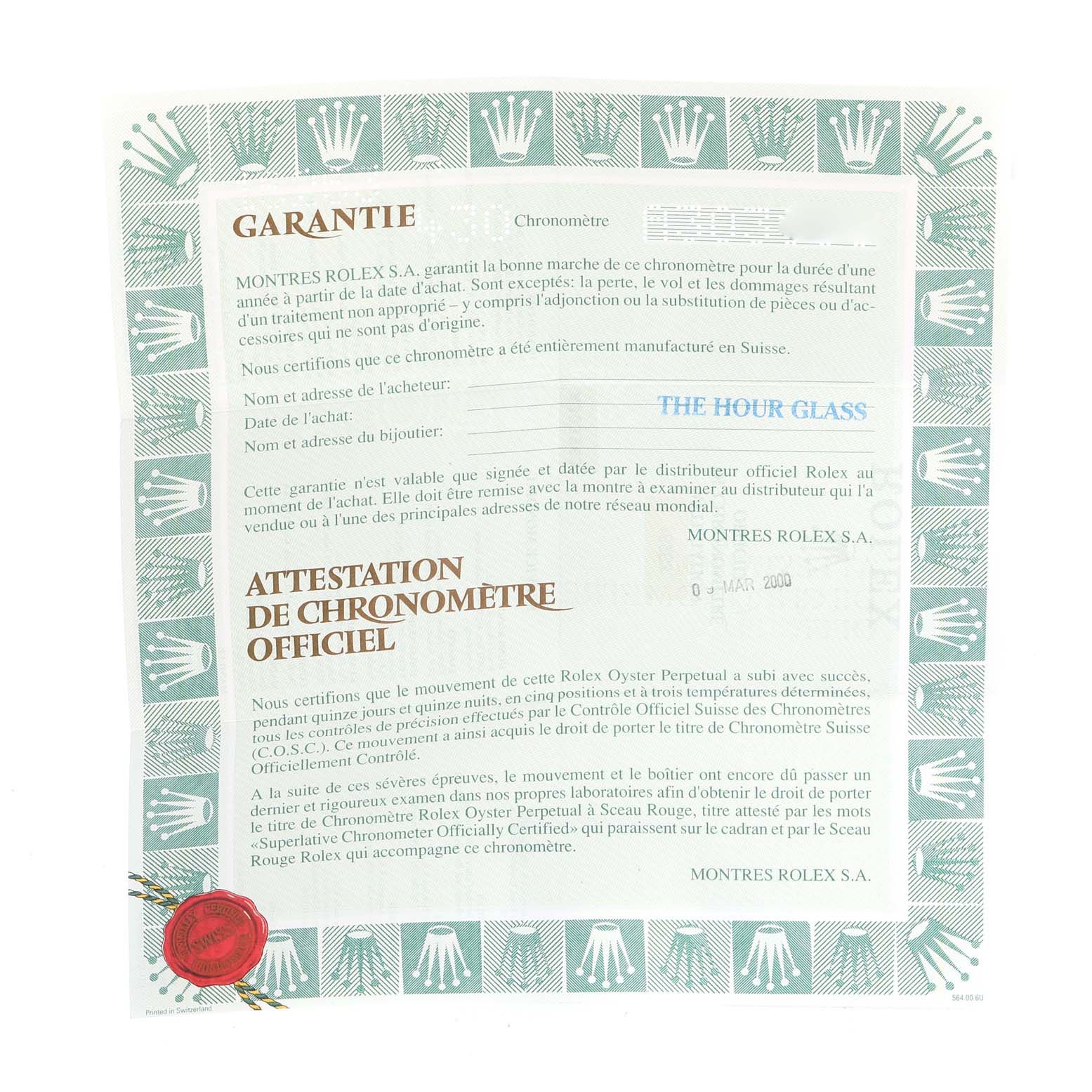 The image shows a Rolex warranty card for the Turn-o-Graph model, detailing warranty information and official certification.