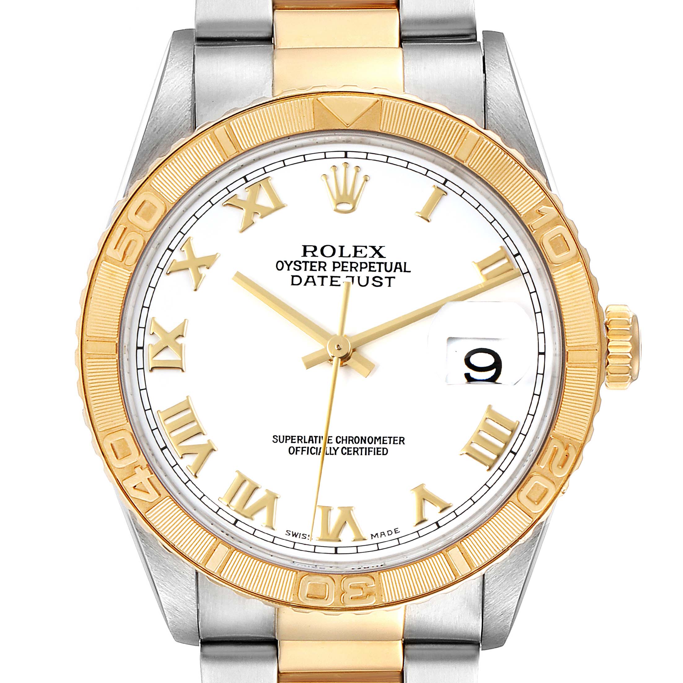 The image shows a close-up of the dial, bezel, and part of the bracelet of the Rolex Turn-o-Graph 16263 Men
s Steel and Gold (two tone) White Dial 16263 Men
s Steel and Gold (two tone) White Dial.