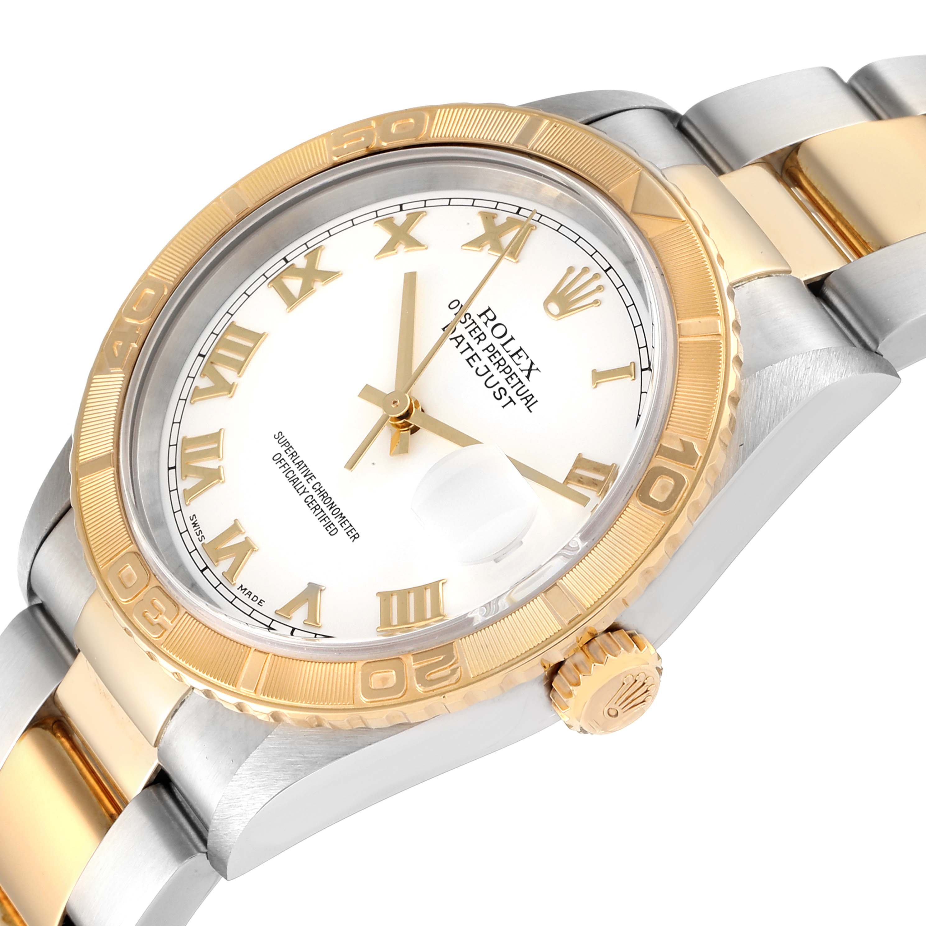 The image shows a close-up angle of a Rolex Turn-o-Graph 16263 Men
s Steel and Gold (two tone) White Dial 16263 Men
s Steel and Gold (two tone) White Dial watch, highlighting the dial, bezel, and part of the bracelet.
