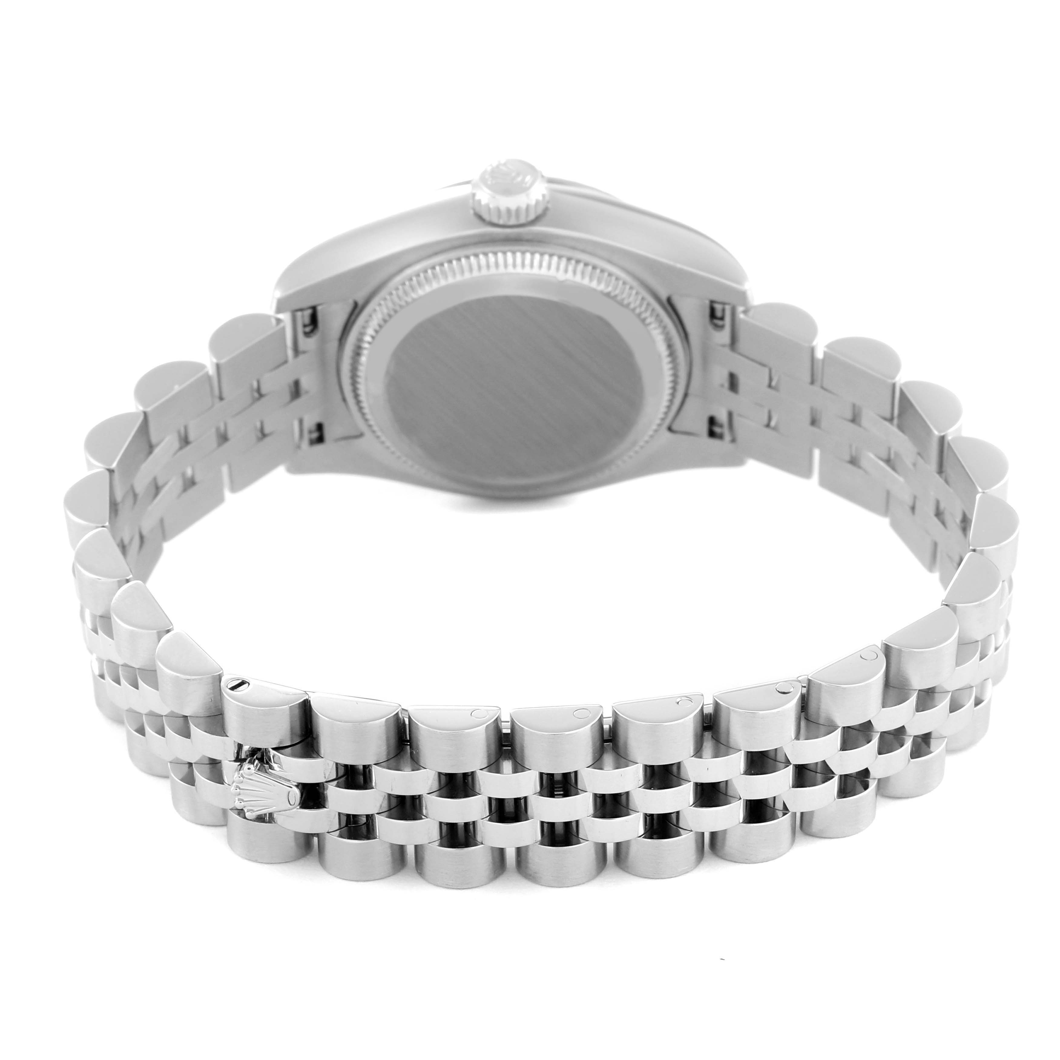 This image shows the back view of a Rolex Datejust 179174 Women's Stainless Steel Black Dial 179174 Women's Stainless Steel Black Dial watch, highlighting its case back and Jubilee bracelet.