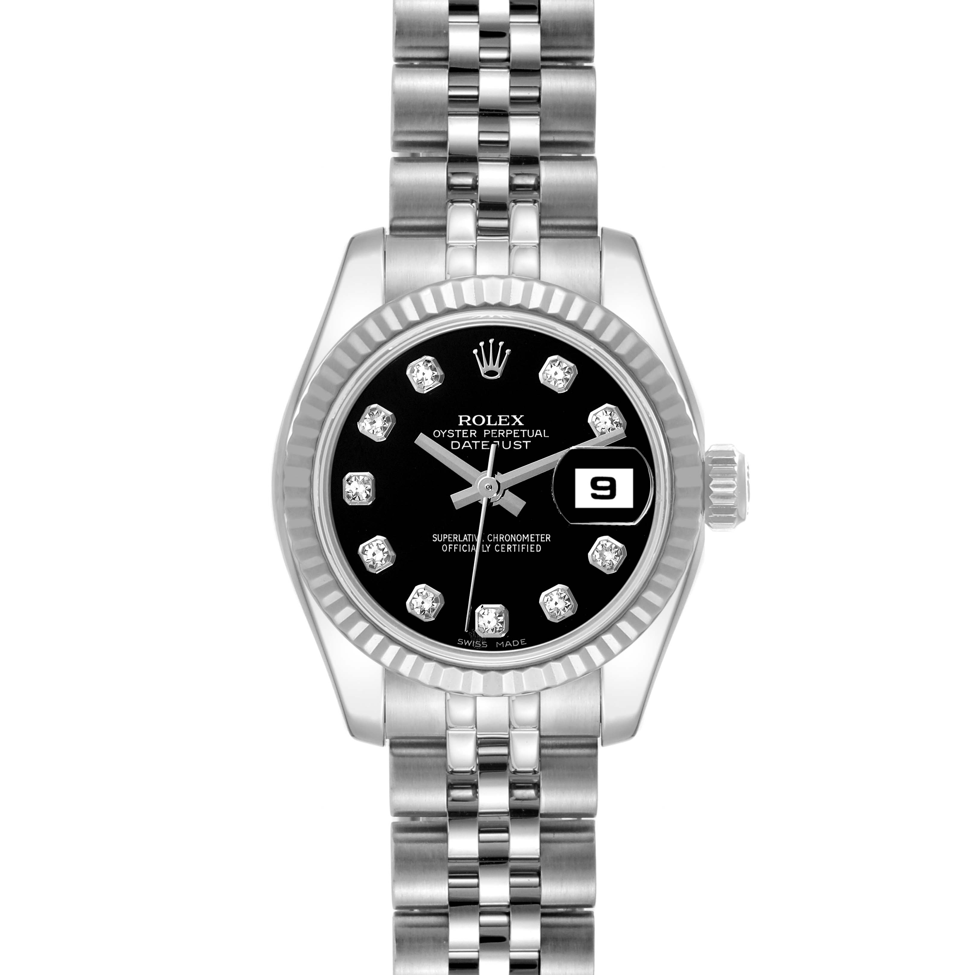 This image shows a front view of the Rolex Datejust 179174 Women's Stainless Steel Black Dial 179174 Women's Stainless Steel Black Dial watch, highlighting its dial, bezel, and bracelet.