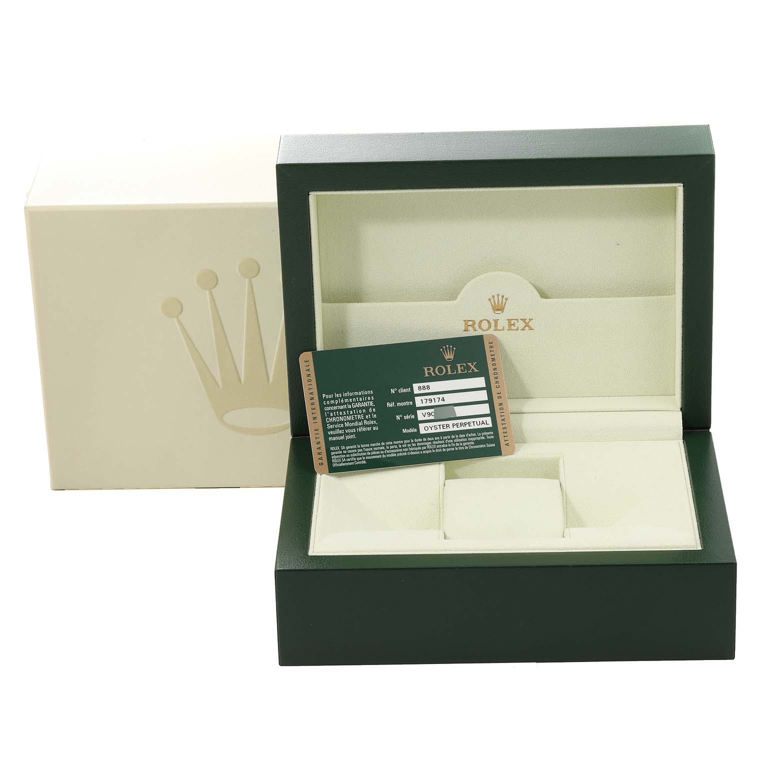 The image shows the box, warranty card, and packaging for a Rolex Datejust 179174 Women's Stainless Steel Black Dial 179174 Women's Stainless Steel Black Dial watch.