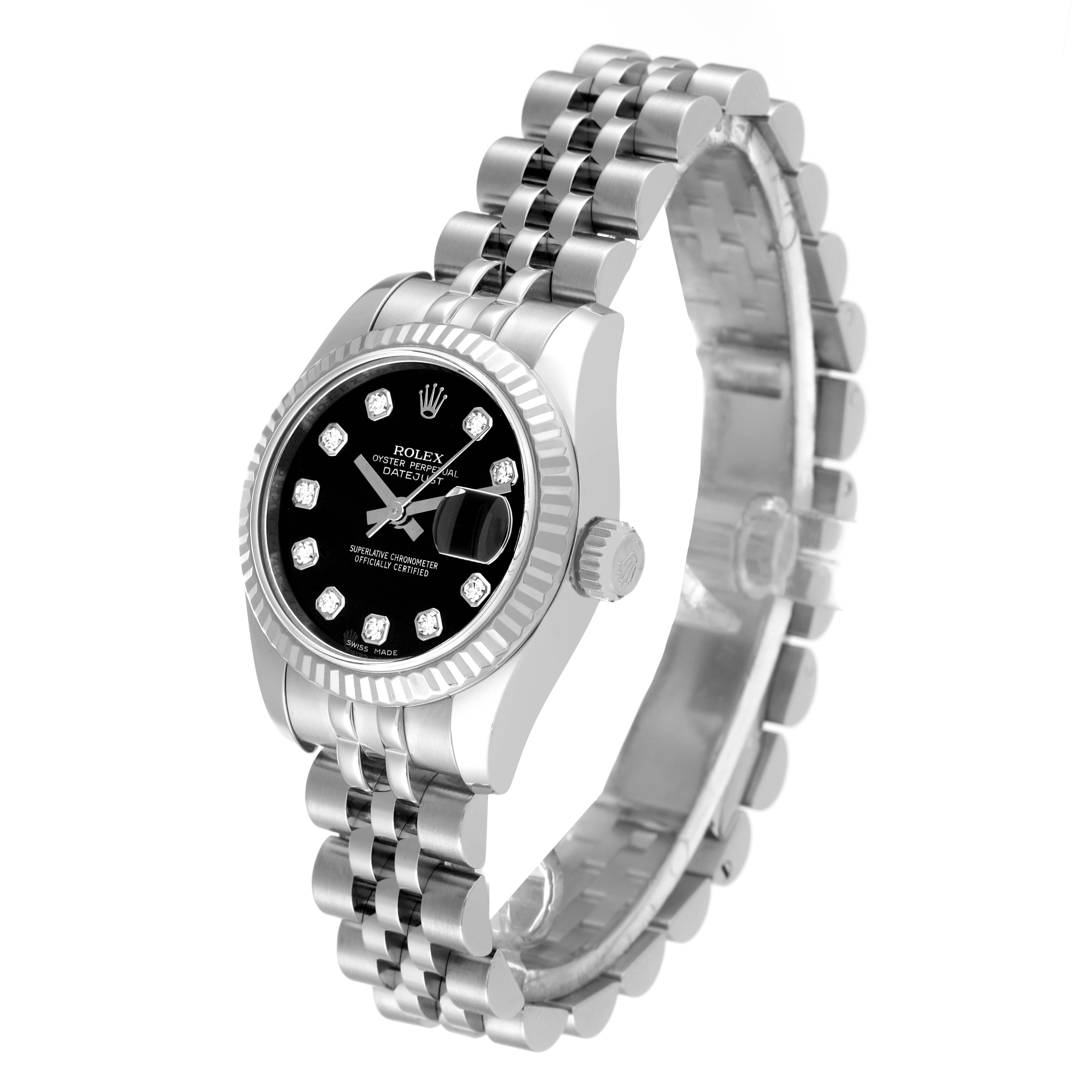 The image shows a Rolex Datejust 179174 Women's Stainless Steel Black Dial 179174 Women's Stainless Steel Black Dial watch at a three-quarter angle, highlighting its face, bezel, and bracelet.