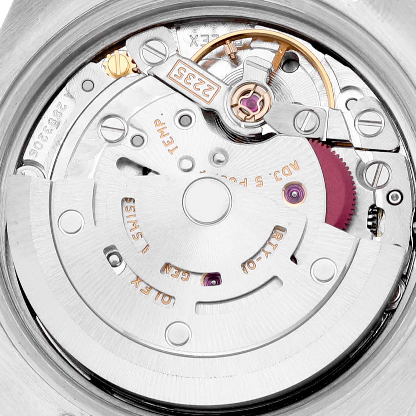 The image shows a close-up of the movement mechanism inside a Rolex Datejust 179174 Women's Stainless Steel Black Dial 179174 Women's Stainless Steel Black Dial watch, highlighting its intricate parts.