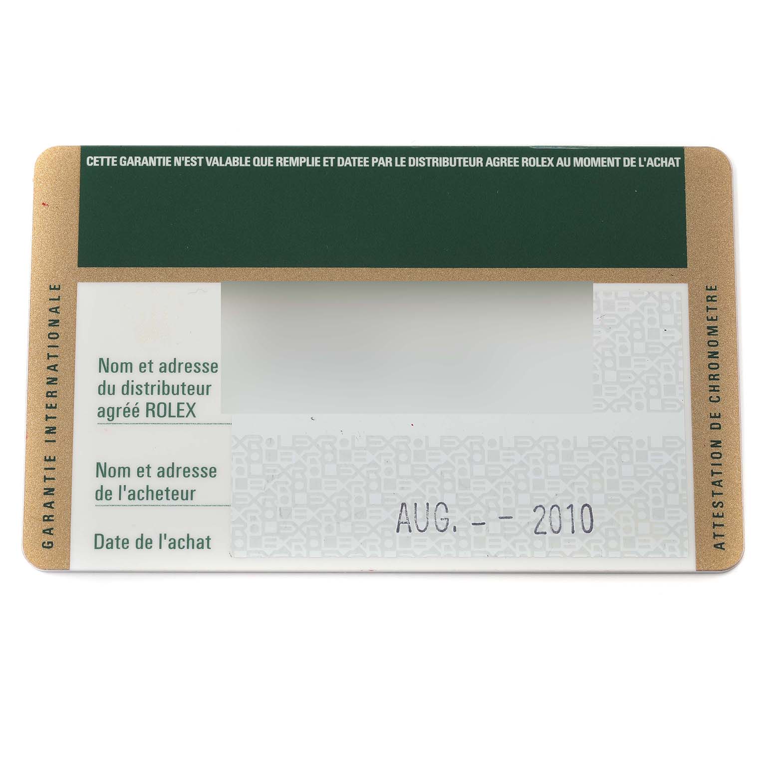 This image shows the international warranty card for a Rolex Datejust 179174 Women's Stainless Steel Black Dial 179174 Women's Stainless Steel Black Dial watch.