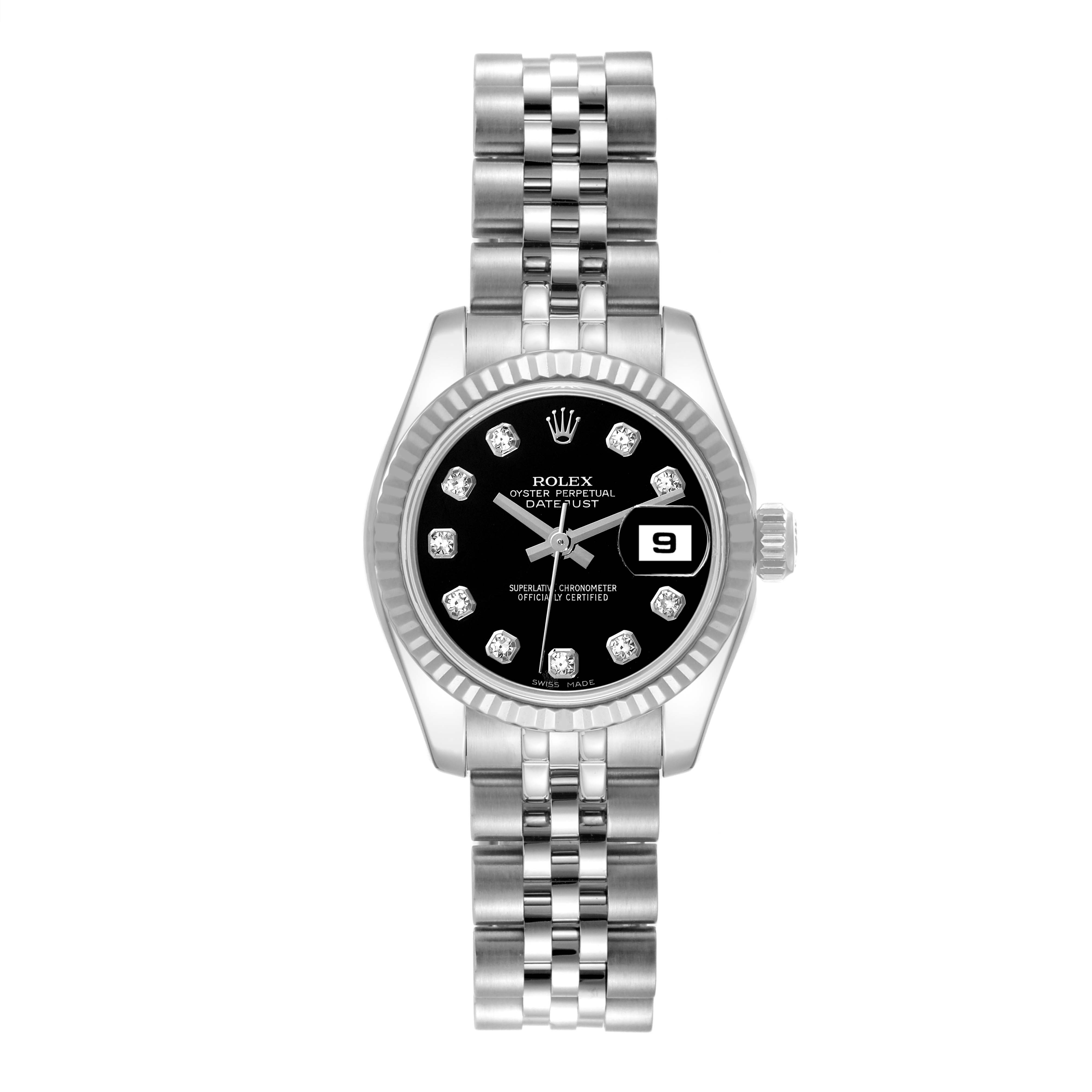 This image shows a Rolex Datejust 179174 Women's Stainless Steel Black Dial 179174 Women's Stainless Steel Black Dial watch in a front-facing angle, highlighting its face, bezel, and bracelet.