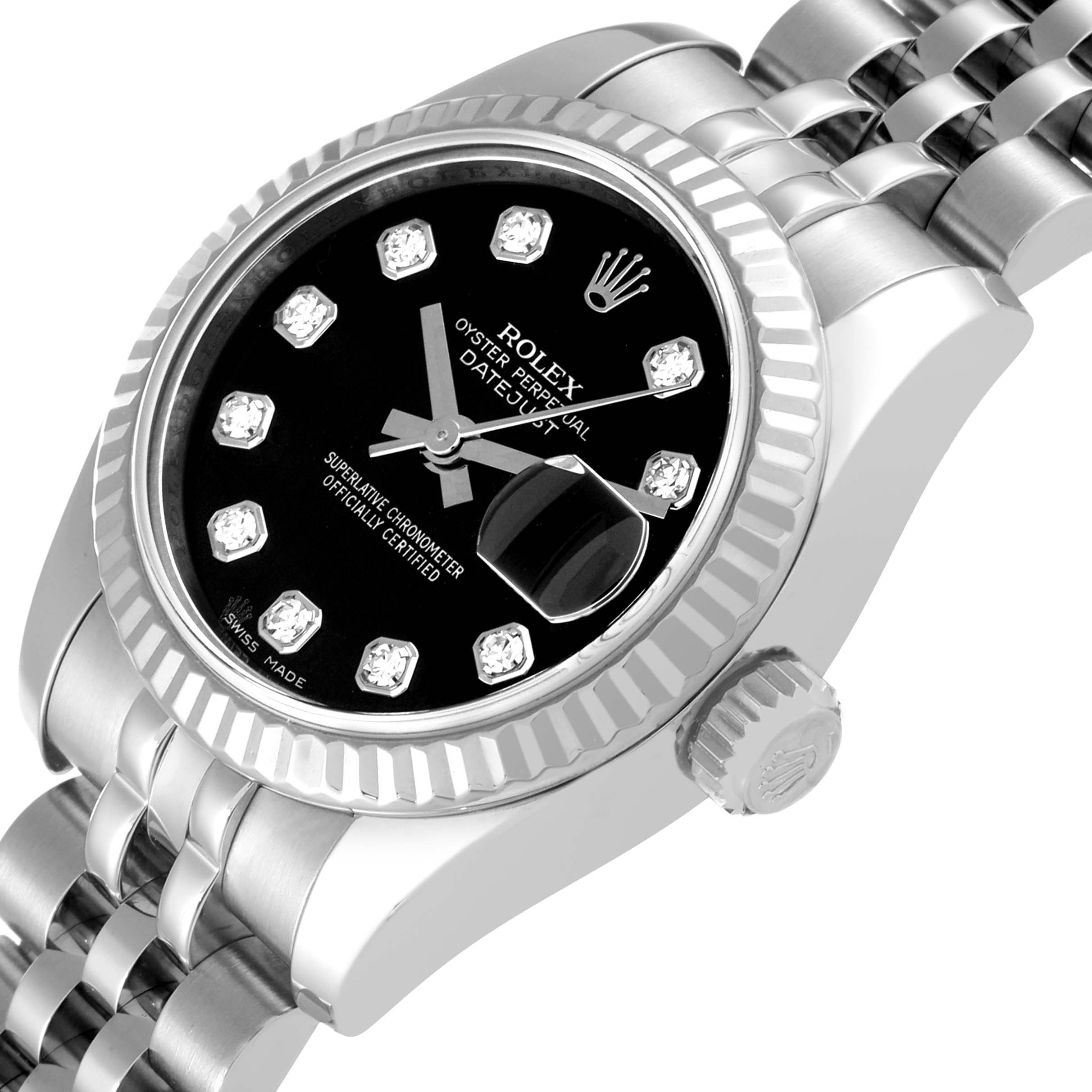 The image shows an angled view of the face, bezel, and part of the bracelet of a Rolex Datejust 179174 Women's Stainless Steel Black Dial 179174 Women's Stainless Steel Black Dial watch.