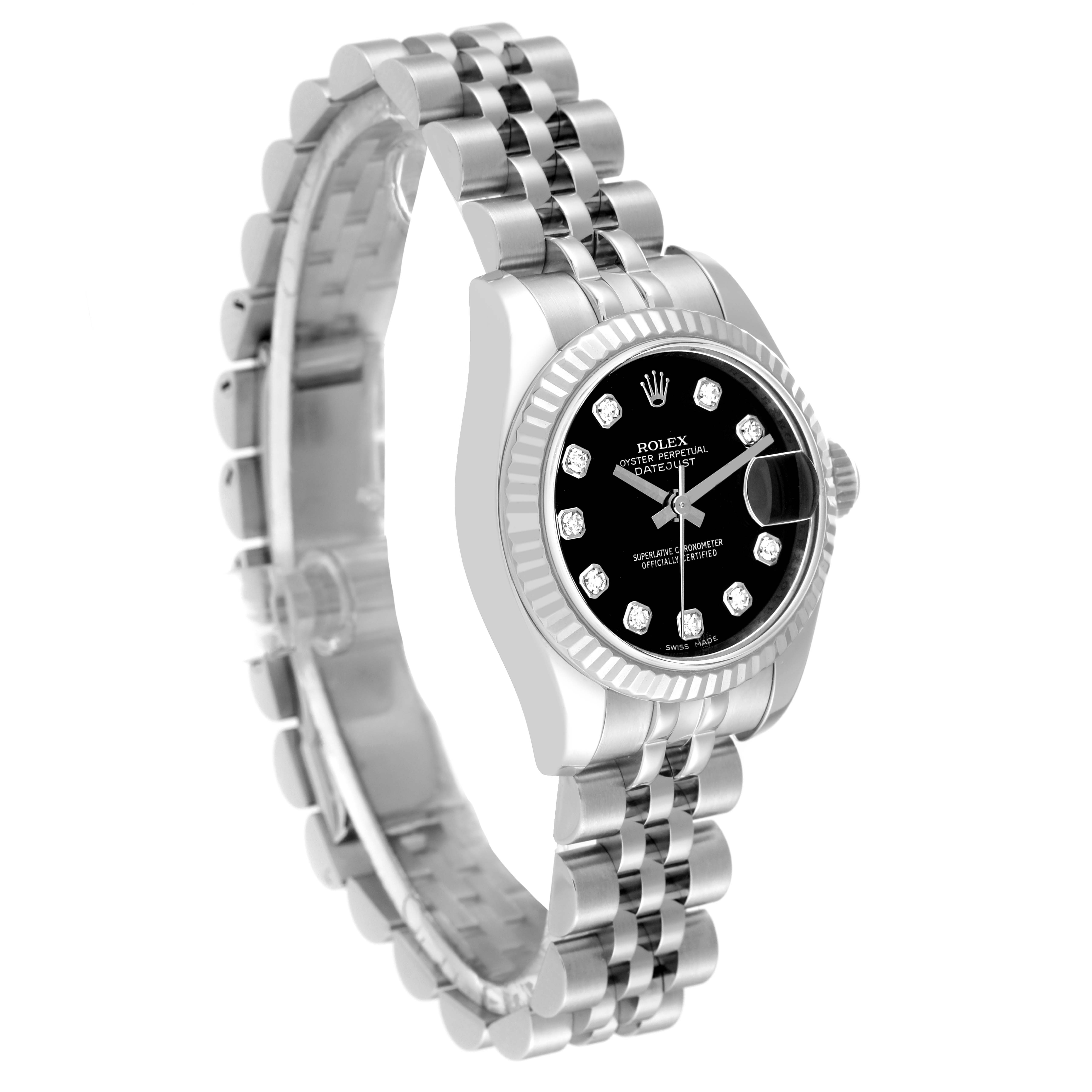 The image shows a side angle view of a Rolex Datejust 179174 Women's Stainless Steel Black Dial 179174 Women's Stainless Steel Black Dial watch, highlighting the bracelet, bezel, and dial.