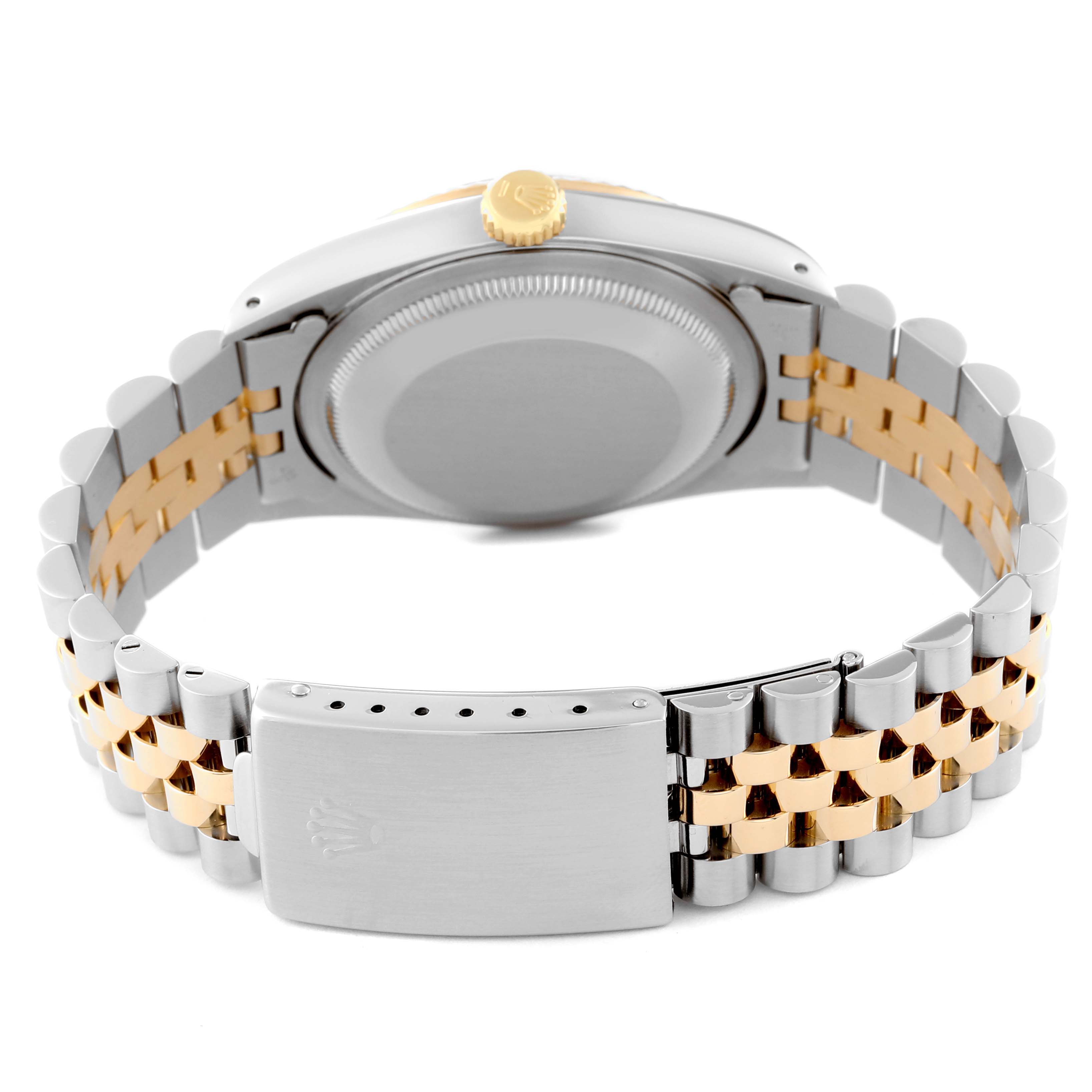 This image shows the back view of a Rolex Datejust 16233 Men's Steel and Gold (two tone) White Dial 16233 Men's Steel and Gold (two tone) White Dial, featuring its case back and two-tone Jubilee bracelet.
