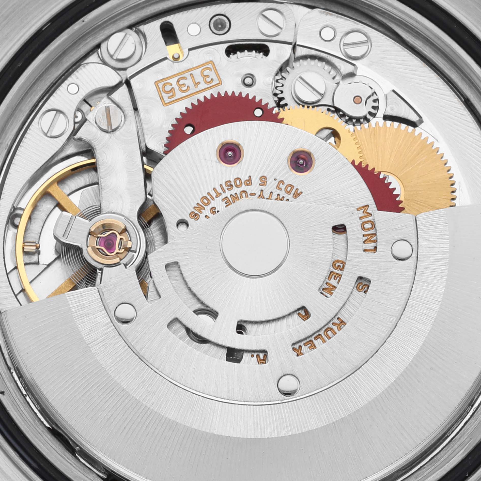 This image shows a close-up of the movement from a Rolex Datejust 16233 Men's Steel and Gold (two tone) White Dial 16233 Men's Steel and Gold (two tone) White Dial watch, showcasing its internal mechanical parts.