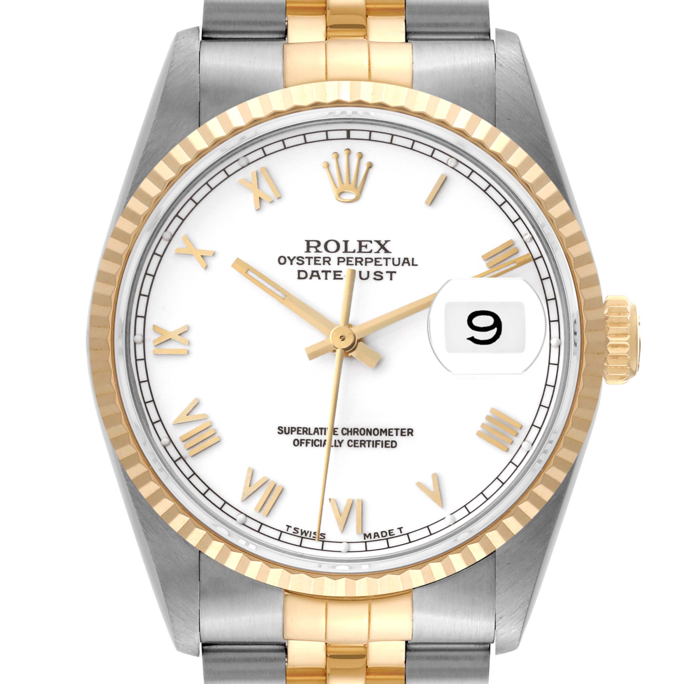 The image shows a Rolex Datejust 16233 Men's Steel and Gold (two tone) White Dial 16233 Men's Steel and Gold (two tone) White Dial watch from a frontal angle, highlighting the face, bezel, crown, and bracelet.