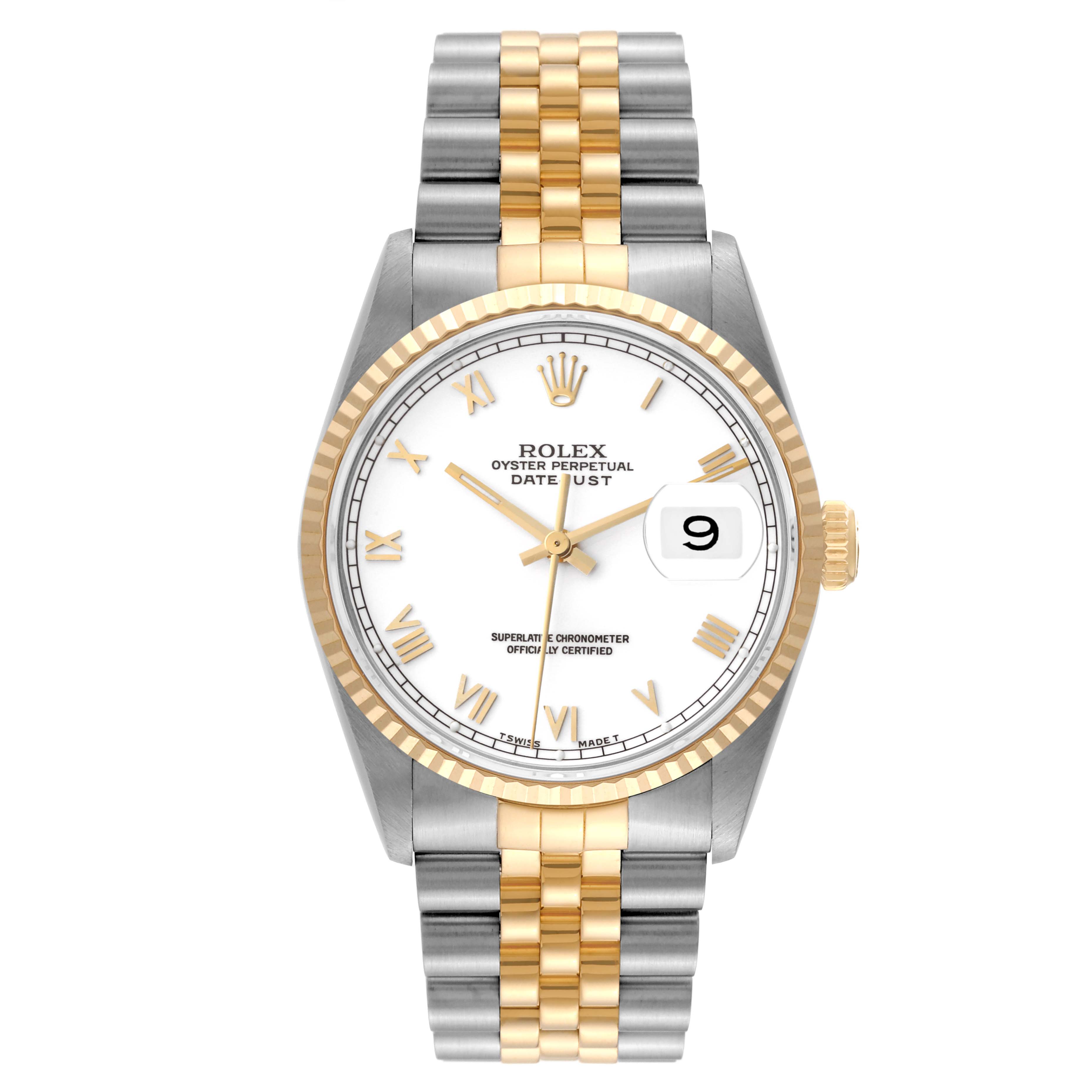 This is a front view of the Rolex Datejust 16233 Men's Steel and Gold (two tone) White Dial 16233 Men's Steel and Gold (two tone) White Dial watch, showing the dial, fluted bezel, and two-tone bracelet.