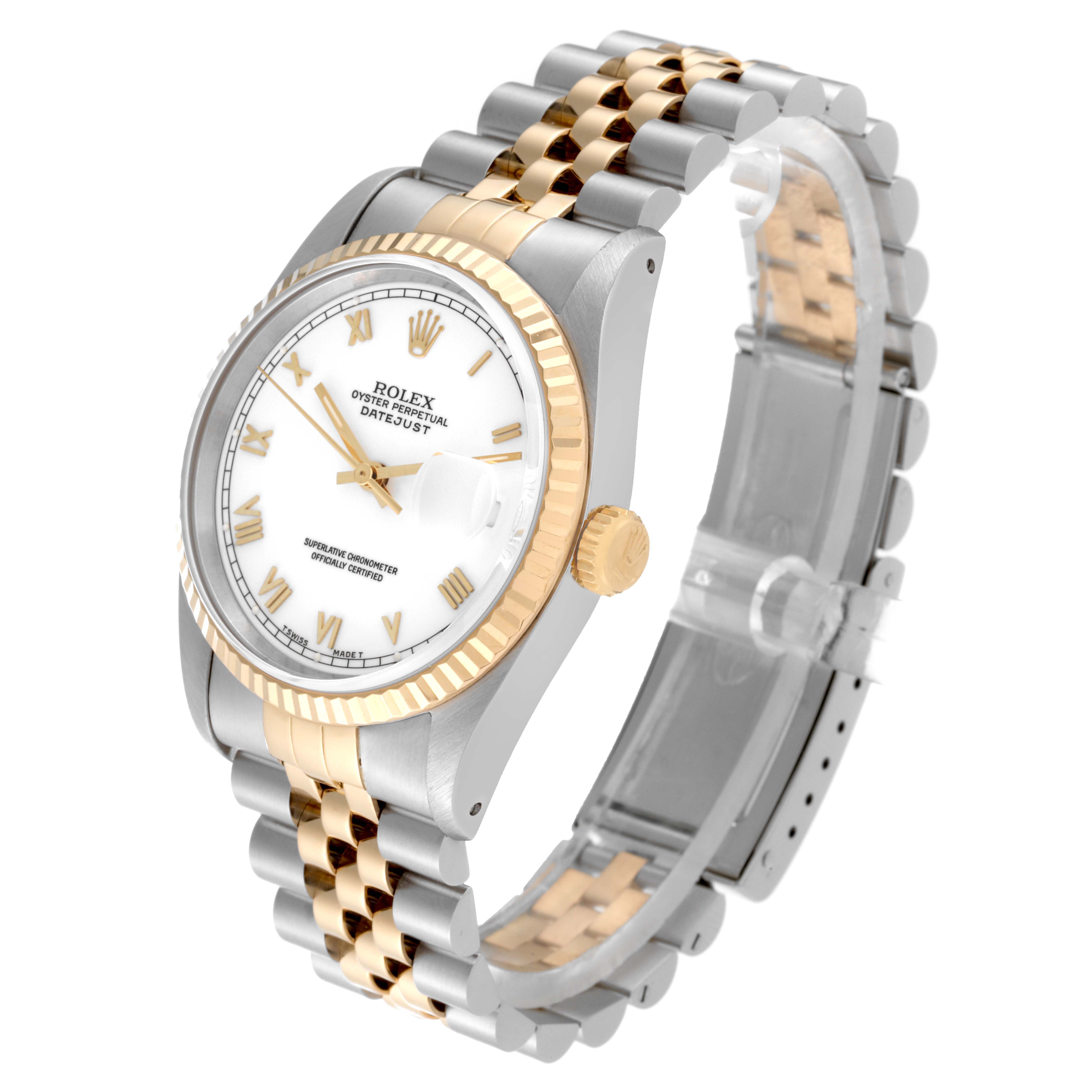 This image shows a Rolex Datejust 16233 Men's Steel and Gold (two tone) White Dial 16233 Men's Steel and Gold (two tone) White Dial watch at an angle highlighting the case, crown, dial, and two-tone bracelet.