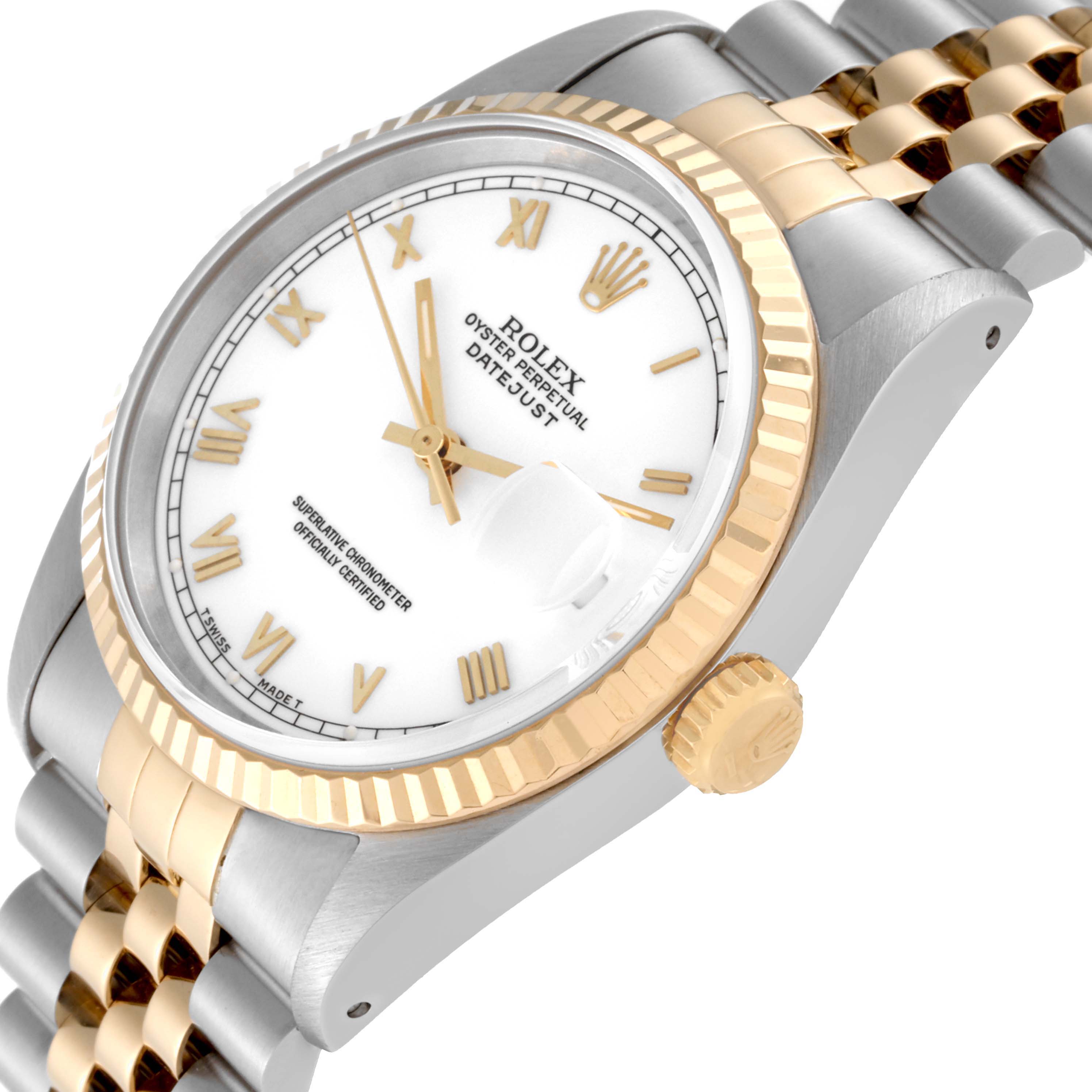 The image shows a side angle of a Rolex Datejust 16233 Men's Steel and Gold (two tone) White Dial 16233 Men's Steel and Gold (two tone) White Dial, highlighting the crown, bezel, dial, and part of the bracelet.
