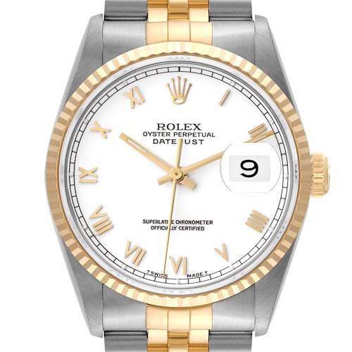 The image shows a frontal view of a Rolex Datejust model, highlighting the dial, bezel, and part of the bracelet.