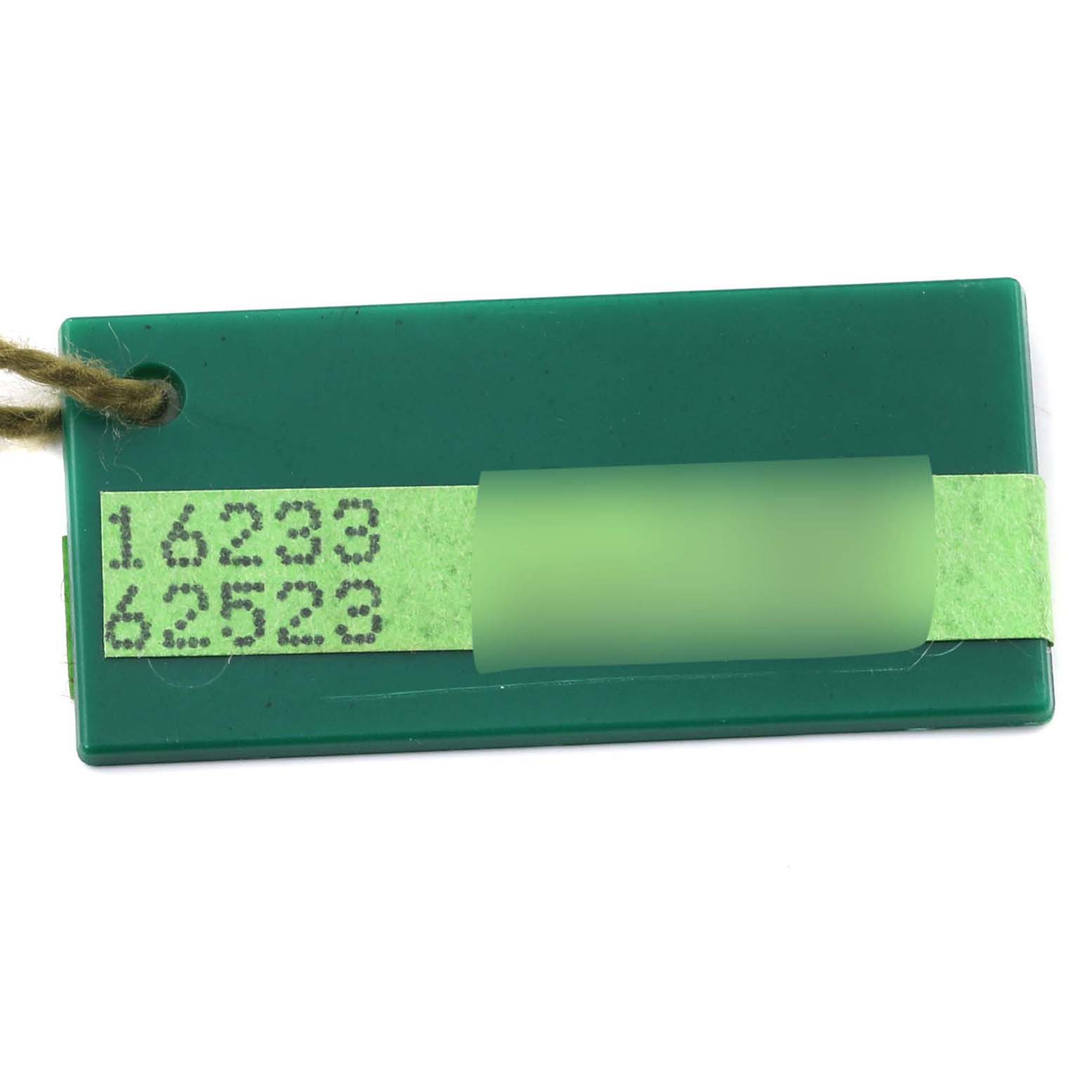 This image shows a green tag accessory for the Rolex Datejust 16233 Men's Steel and Gold (two tone) White Dial 16233 Men's Steel and Gold (two tone) White Dial model.