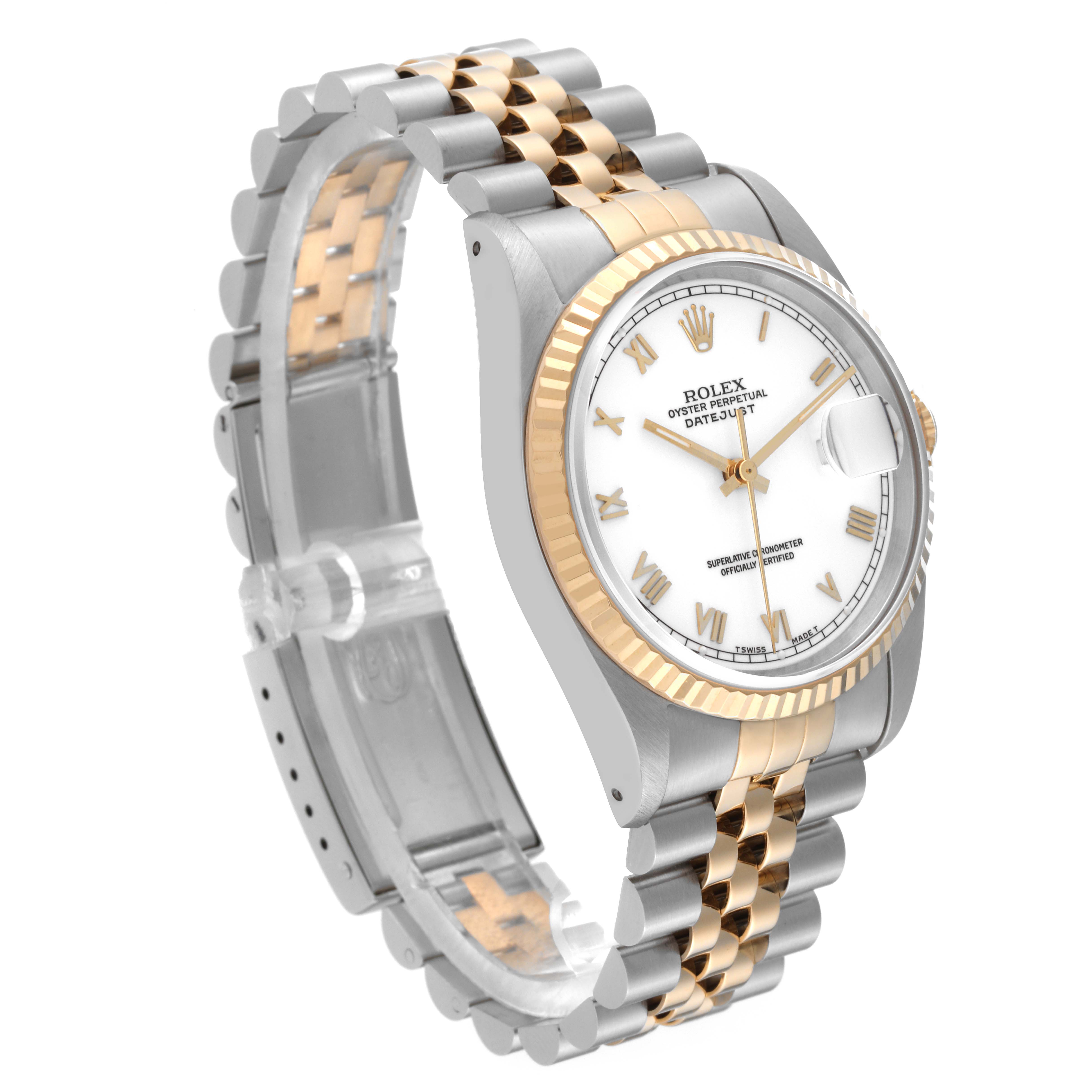 The Rolex Datejust 16233 Men's Steel and Gold (two tone) White Dial 16233 Men's Steel and Gold (two tone) White Dial watch is shown at a three-quarter angle, highlighting its two-tone metal bracelet and fluted bezel.