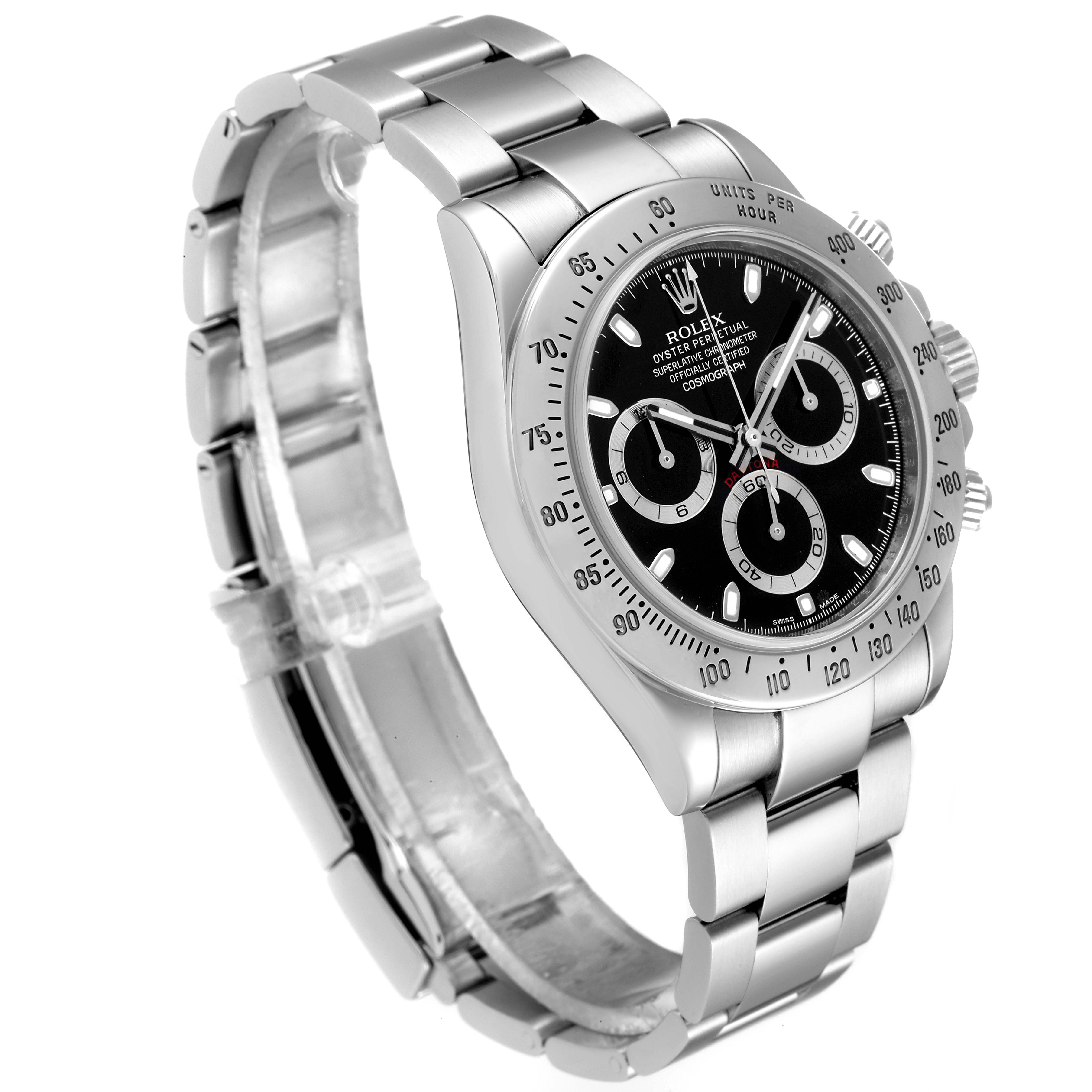 This image shows a side-angle view of a Rolex Daytona 116520 Men
s Stainless Steel Black Dial 116520 Men
s Stainless Steel Black Dial watch, highlighting its bracelet, case, and dial.