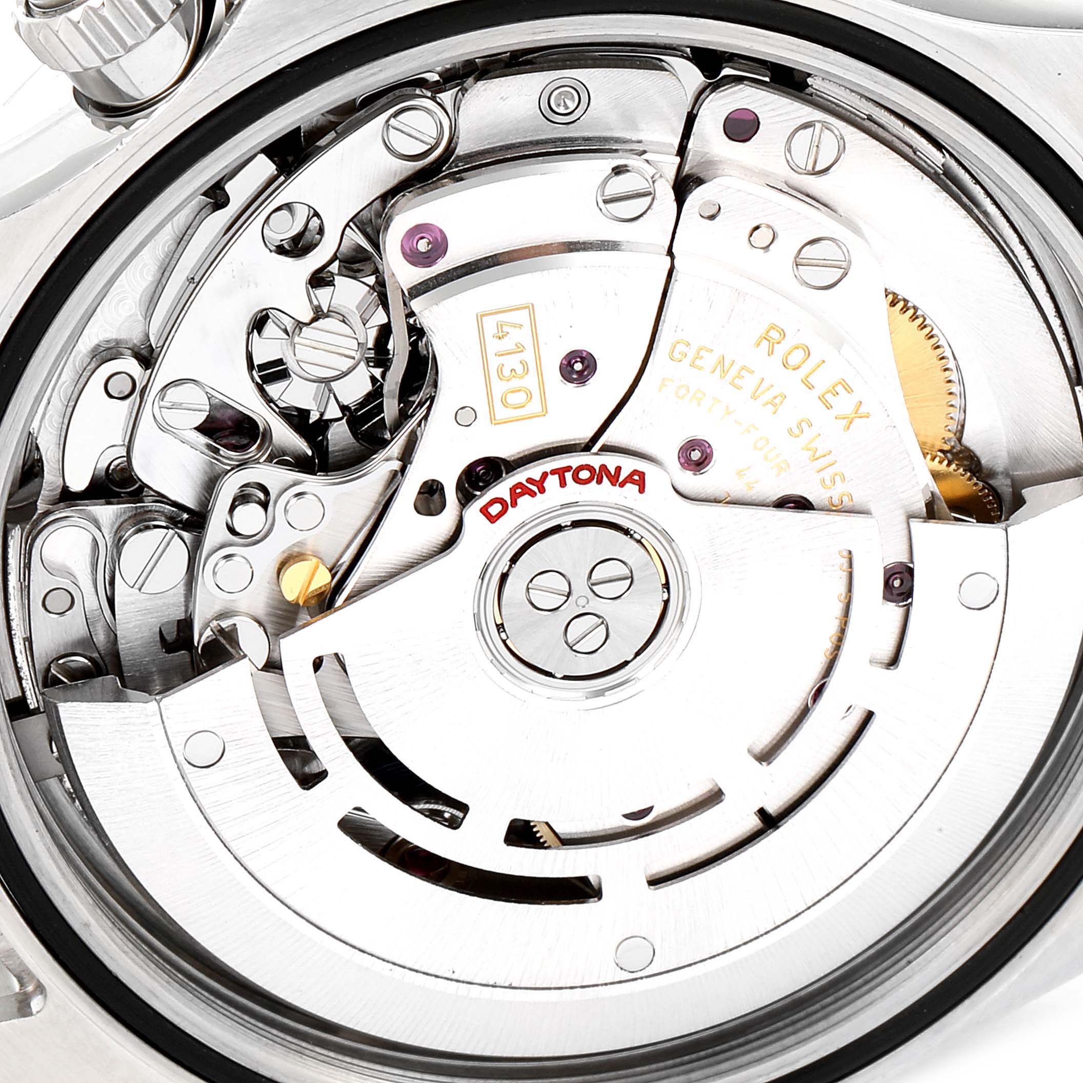 This image shows the movement mechanism of the Rolex Daytona 116520 Men
s Stainless Steel Black Dial 116520 Men
s Stainless Steel Black Dial watch from a close-up rear angle.