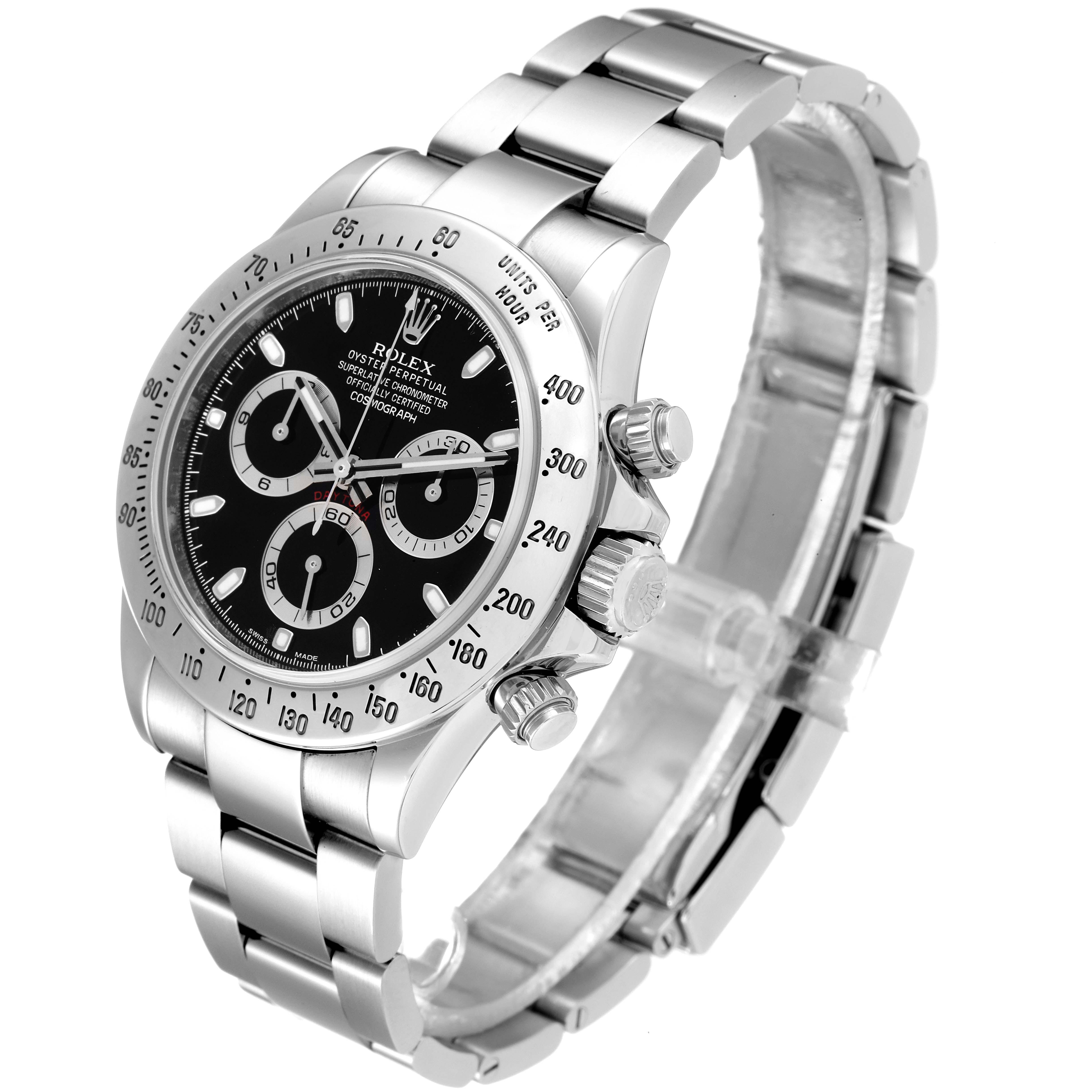 The image shows a Rolex Daytona 116520 Men
s Stainless Steel Black Dial 116520 Men
s Stainless Steel Black Dial watch at a tilted angle, highlighting the bezel, dial, and bracelet.
