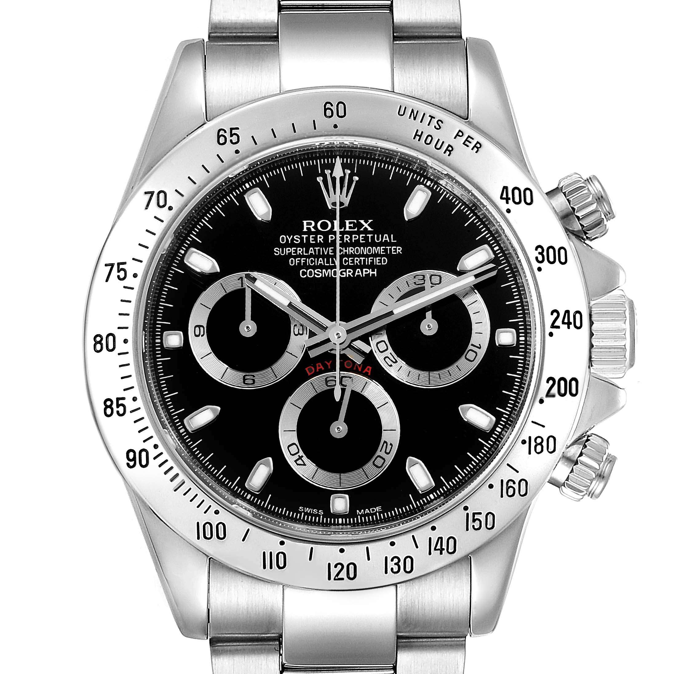 This image shows a frontal view of a Rolex Daytona 116520 Men
s Stainless Steel Black Dial 116520 Men
s Stainless Steel Black Dial watch, highlighting its black dial, chronograph subdials, and stainless steel bracelet.