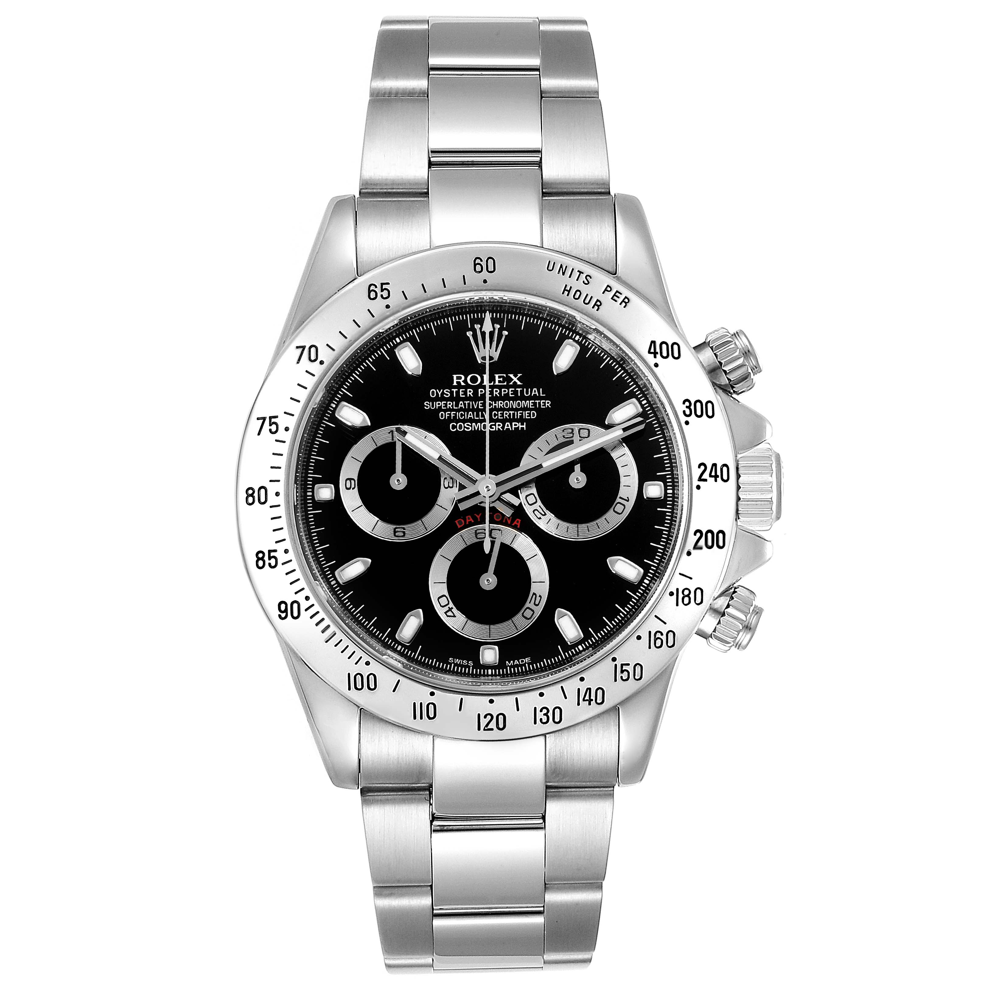 The Rolex Daytona 116520 Men
s Stainless Steel Black Dial 116520 Men
s Stainless Steel Black Dial watch is shown from the front, displaying the face, bezel, and full bracelet.