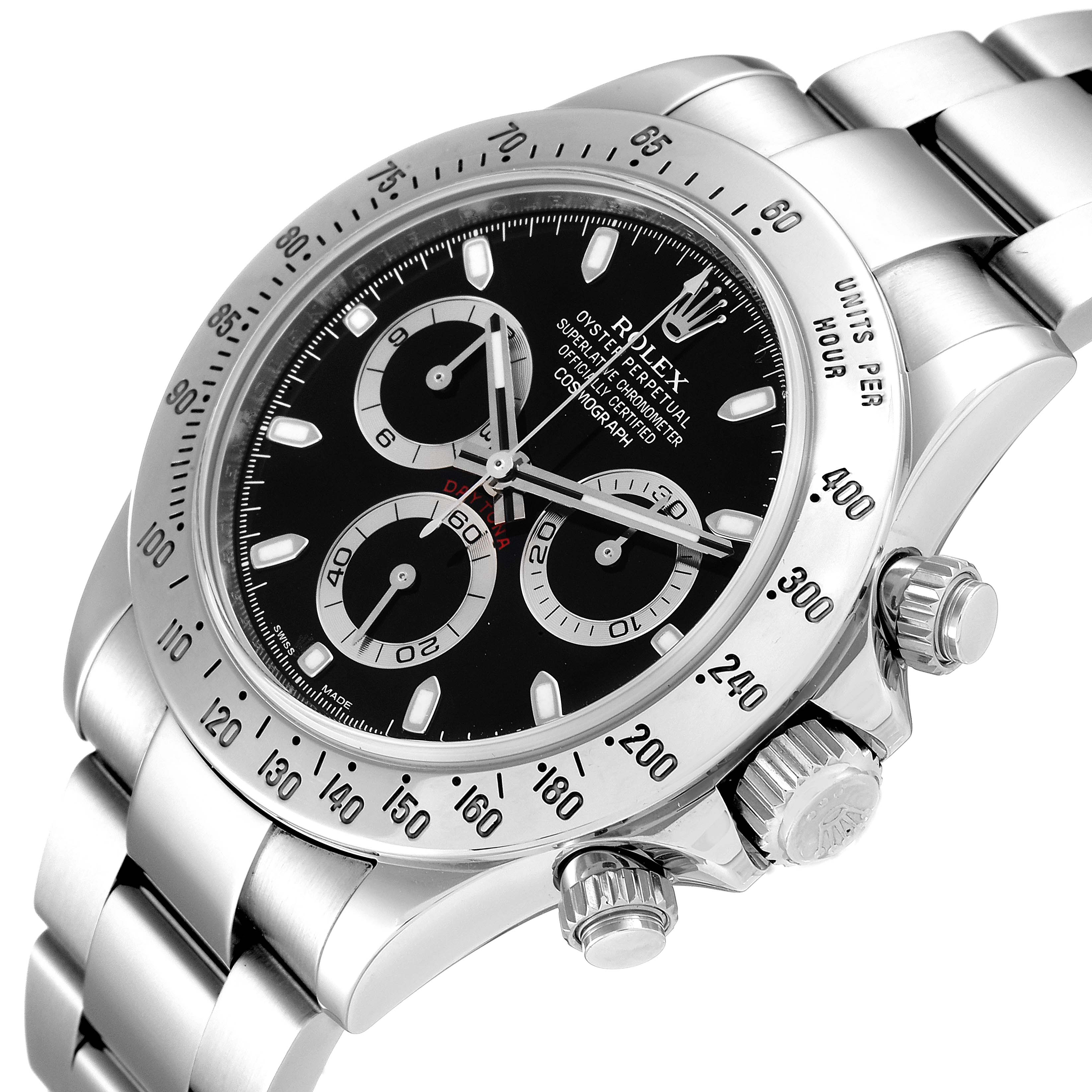 The image showcases a stainless steel Rolex Daytona 116520 Men
s Stainless Steel Black Dial 116520 Men
s Stainless Steel Black Dial watch at a slight angle highlighting its dial, bezel, and bracelet.