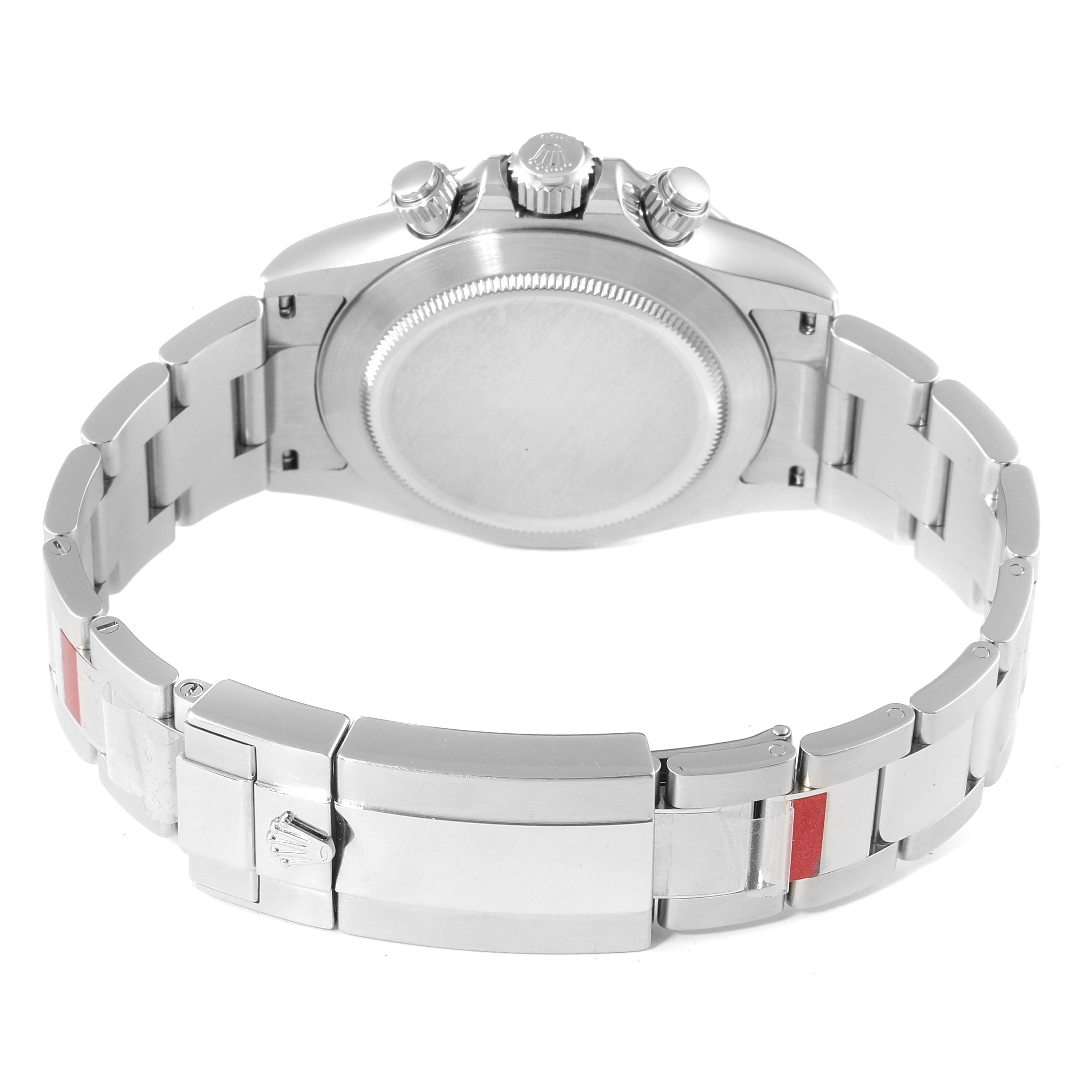 This image shows the back view of a Rolex Daytona 116520 Men
s Stainless Steel Black Dial 116520 Men
s Stainless Steel Black Dial watch, featuring the case, clasp, and part of the bracelet.