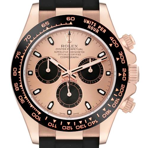 This image shows a frontal view of a Rolex Daytona watch, featuring its dial, bezel with tachymeter scale, and chronograph sub-dials.