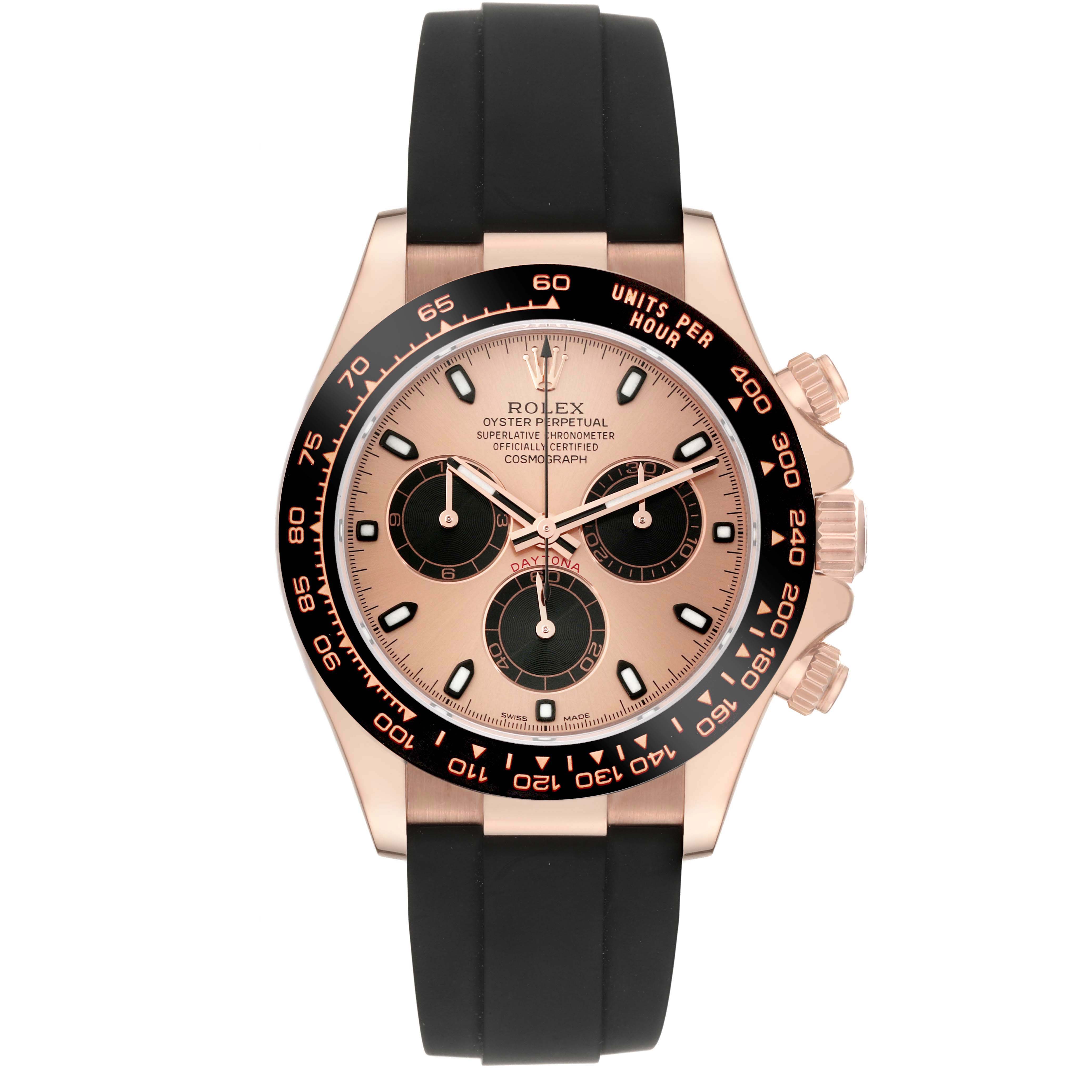 This image shows a front view of the Rolex Daytona 116515LN Men's Rose Gold Champagne Dial 116515LN Men's Rose Gold Champagne Dial watch, featuring its dial, bezel, and rubber strap.