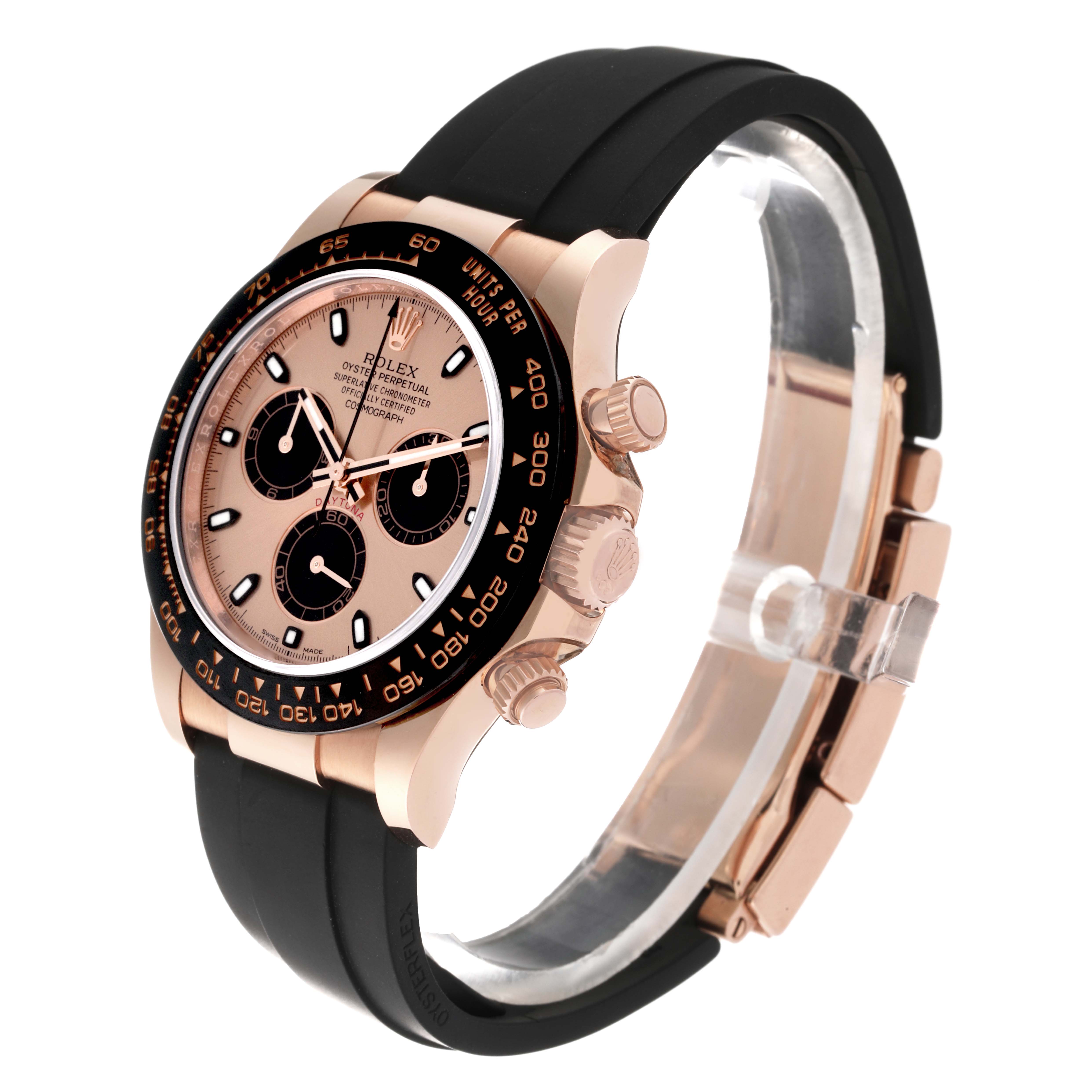 The Rolex Daytona 116515LN Men's Rose Gold Champagne Dial 116515LN Men's Rose Gold Champagne Dial watch is shown at a slight angle, highlighting its face, dial, crown, pushers, and strap.