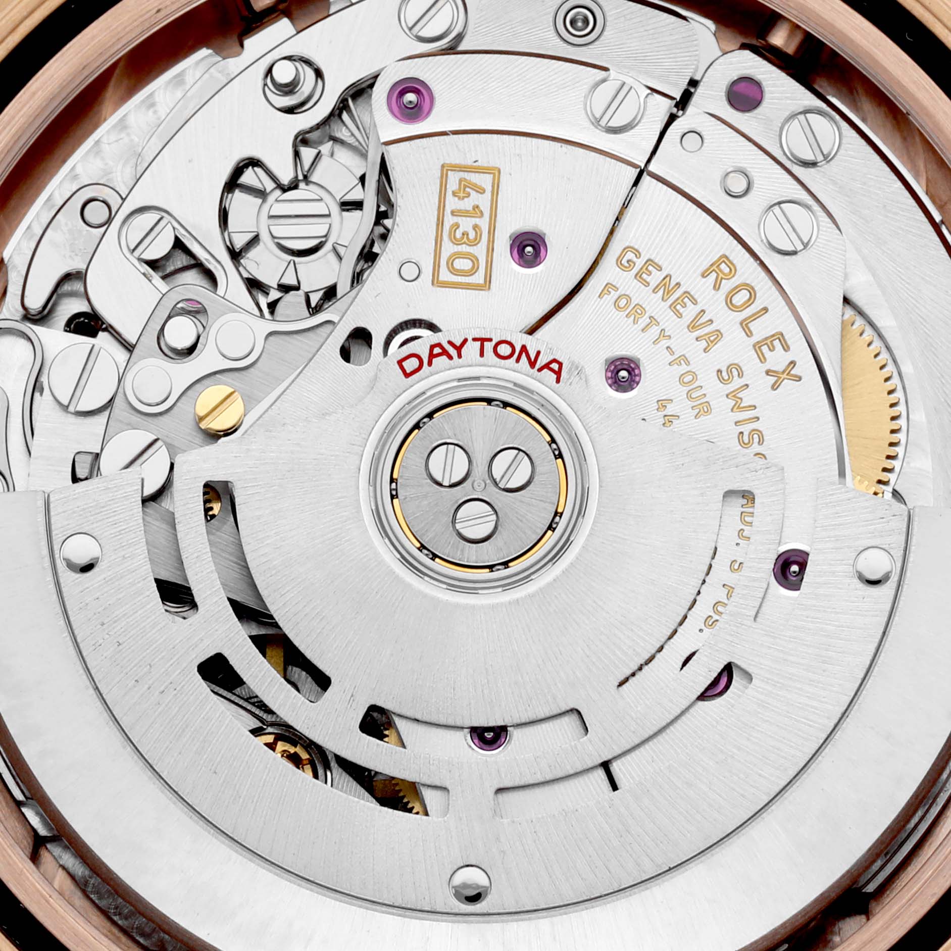 This image shows a close-up of the movement mechanism of a Rolex Daytona 116515LN Men's Rose Gold Champagne Dial 116515LN Men's Rose Gold Champagne Dial watch.