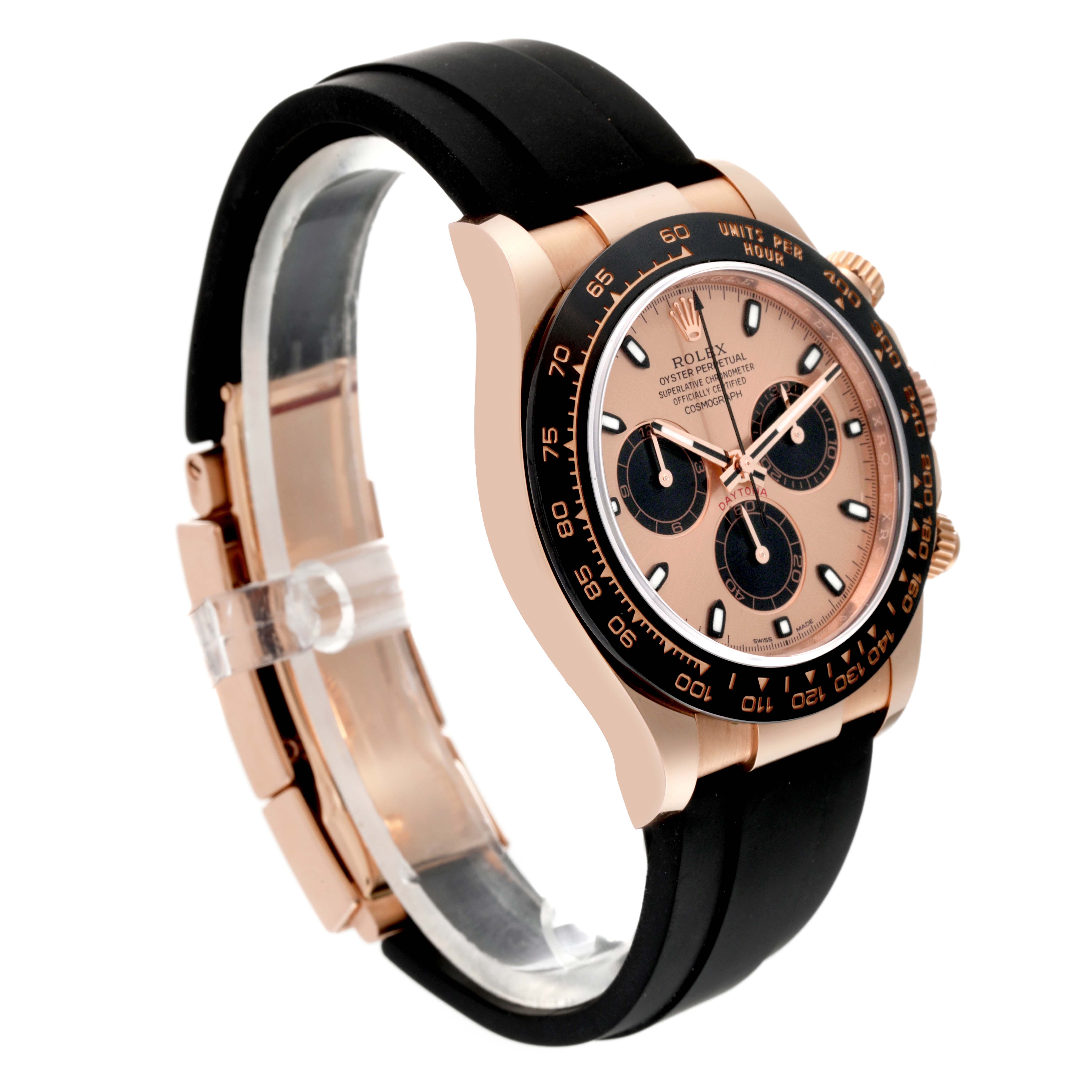 The image shows a side-angle view of the Rolex Daytona 116515LN Men's Rose Gold Champagne Dial 116515LN Men's Rose Gold Champagne Dial watch, featuring its bezel, dial, subdials, crown, and black strap.