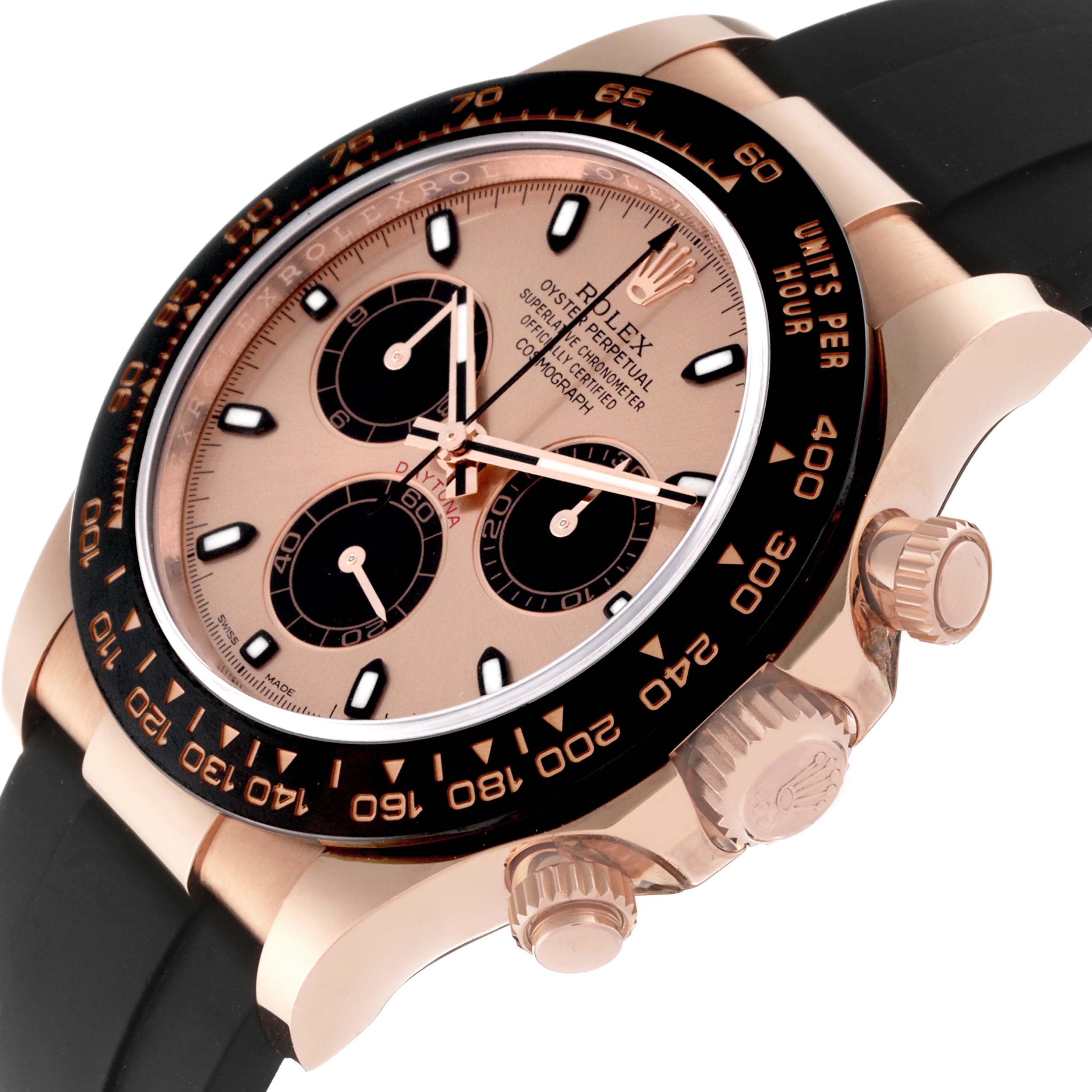 The Rolex Daytona 116515LN Men's Rose Gold Champagne Dial 116515LN Men's Rose Gold Champagne Dial watch is shown at an angle highlighting the dial, bezel, crown, and part of the strap.