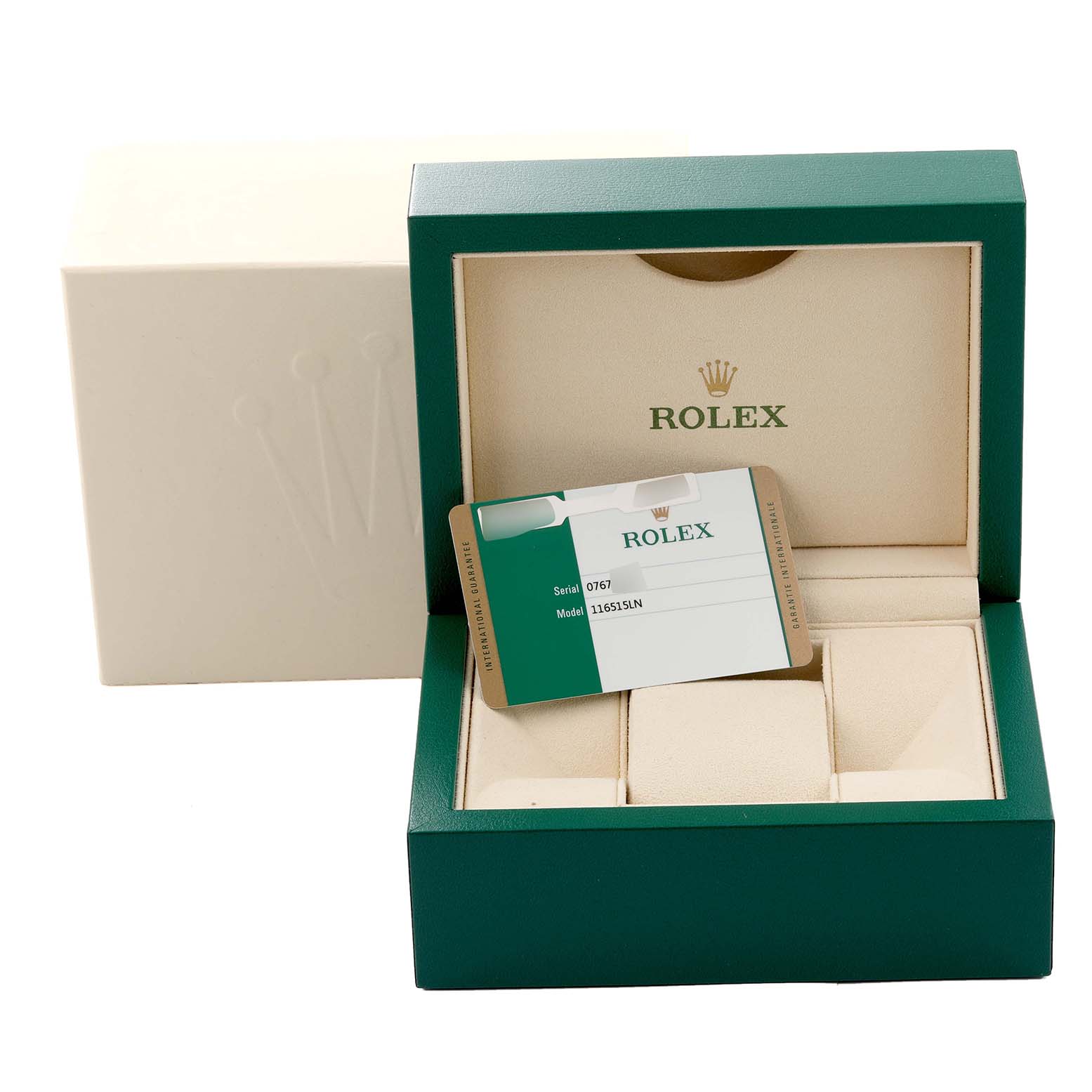 The image shows an open Rolex watch box for the Daytona model, displaying the interior and a certification card.